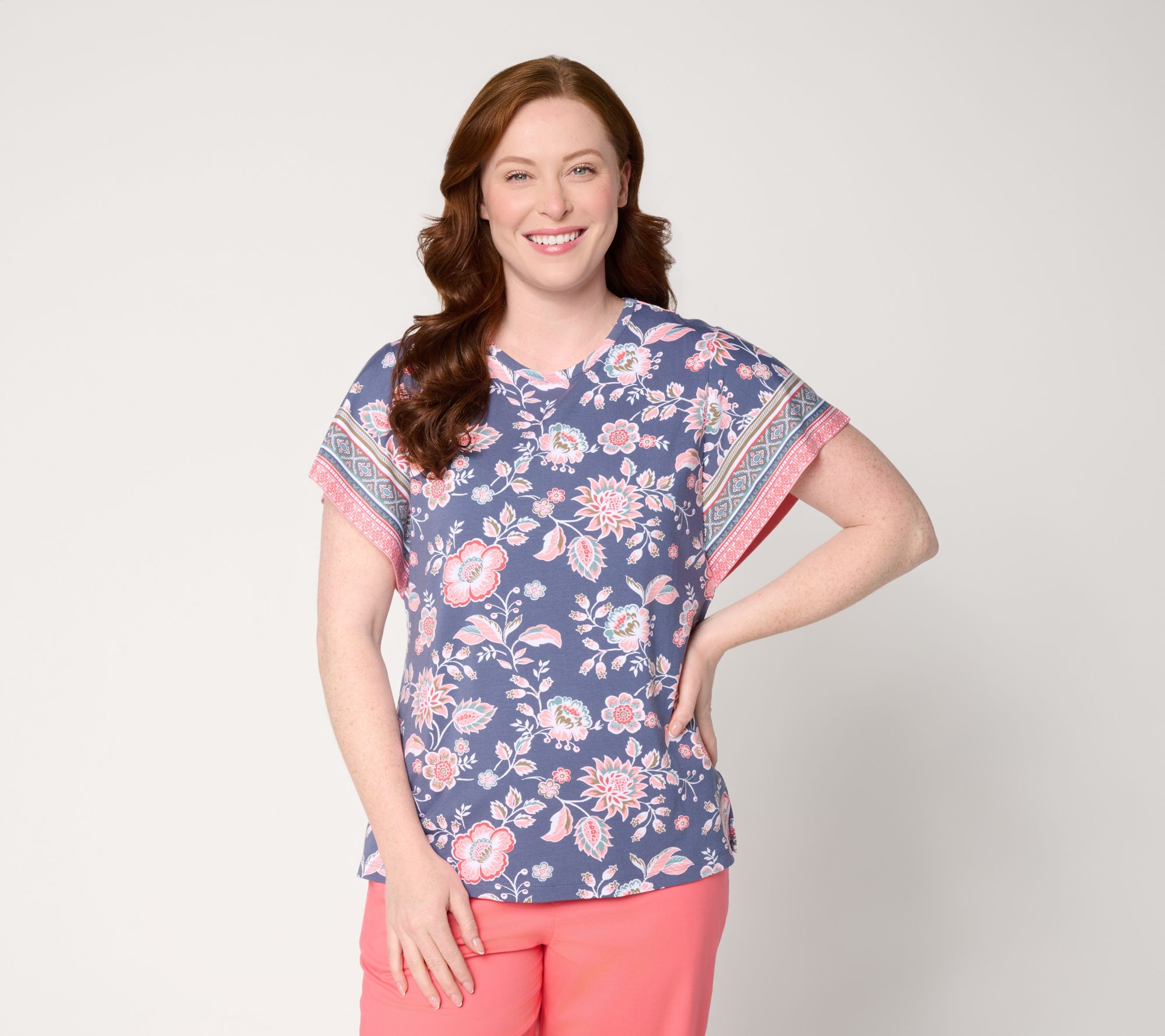 Denim & Co. So Soft Jersey Printed Flutter Sleeve Top w/ Crew Neck