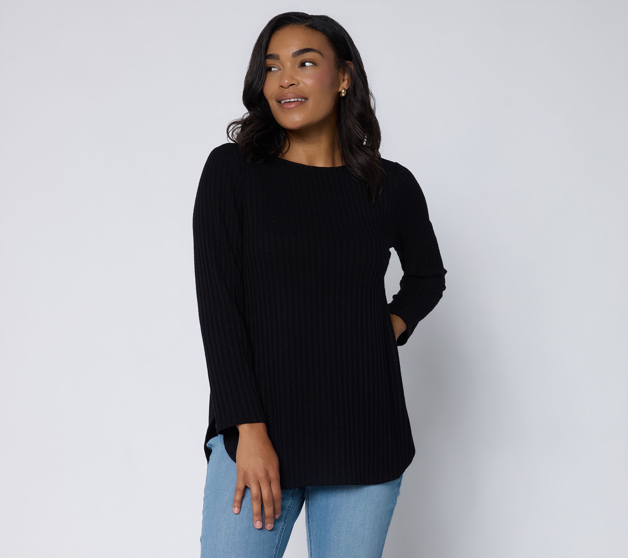 Susan Graver Regular Sweater Rib Knit Bateau Neck Tulip Hem Top