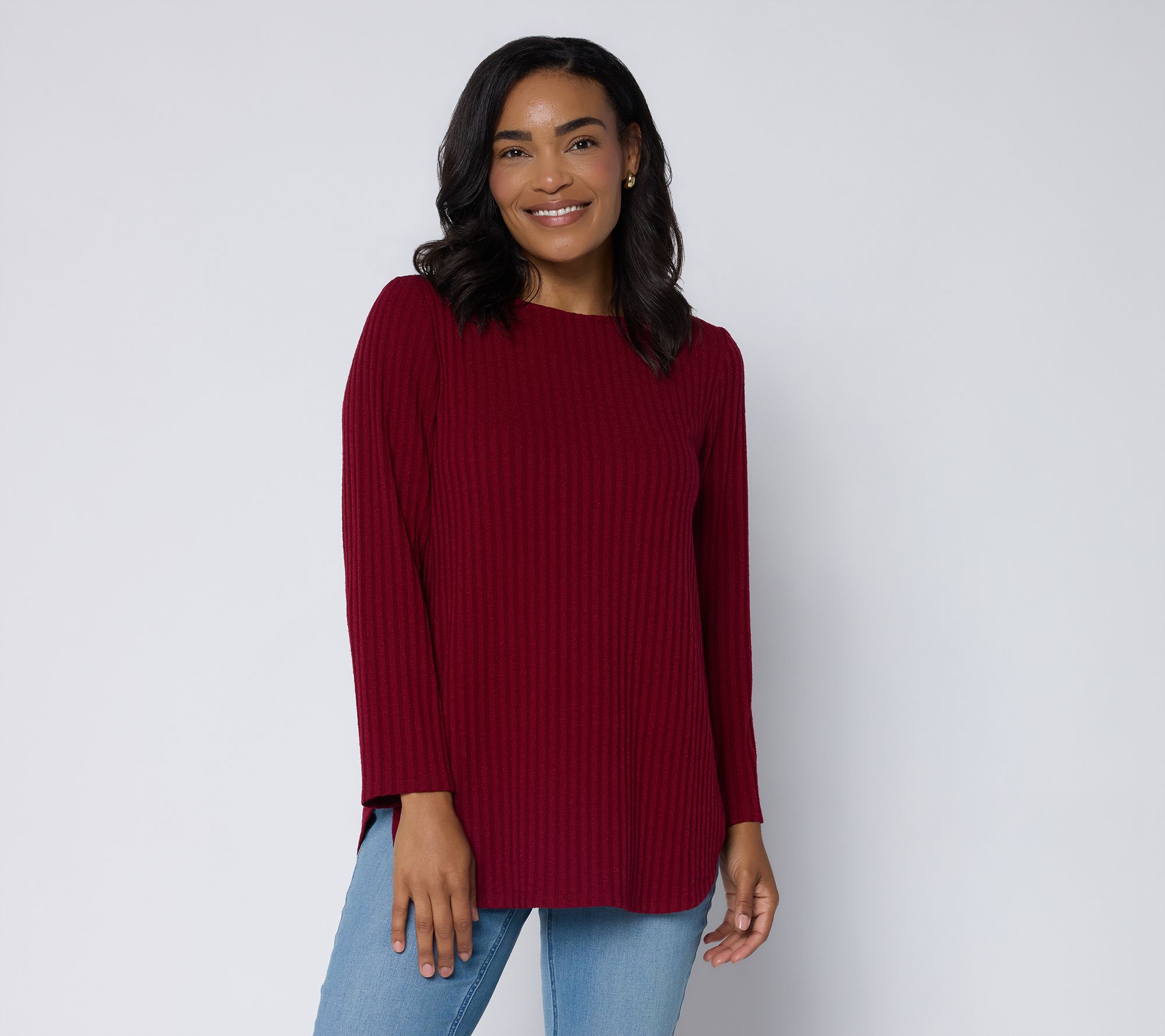 Susan Graver Regular Sweater Rib Knit Bateau Neck Tulip Hem Top