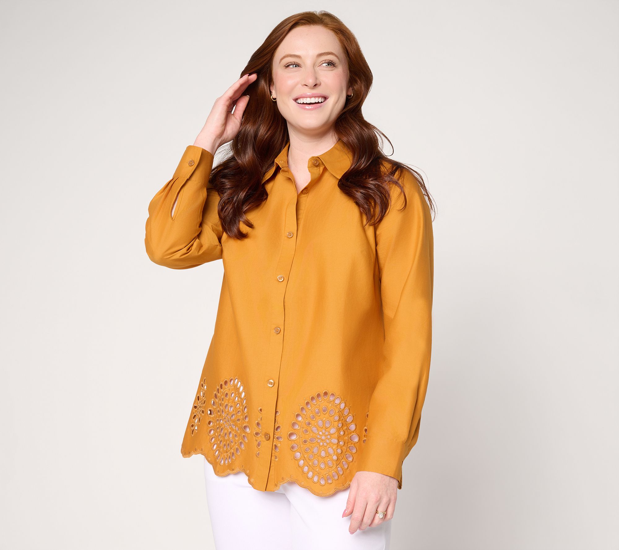 "As Is" Joan Rivers Reg Eyelet Border Button Down ModernFit Tunic
