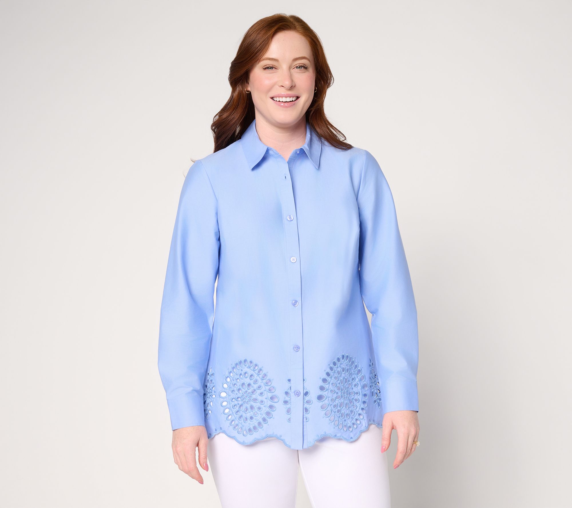 "As Is" Joan Rivers Reg Eyelet Border Button Down ModernFit Tunic