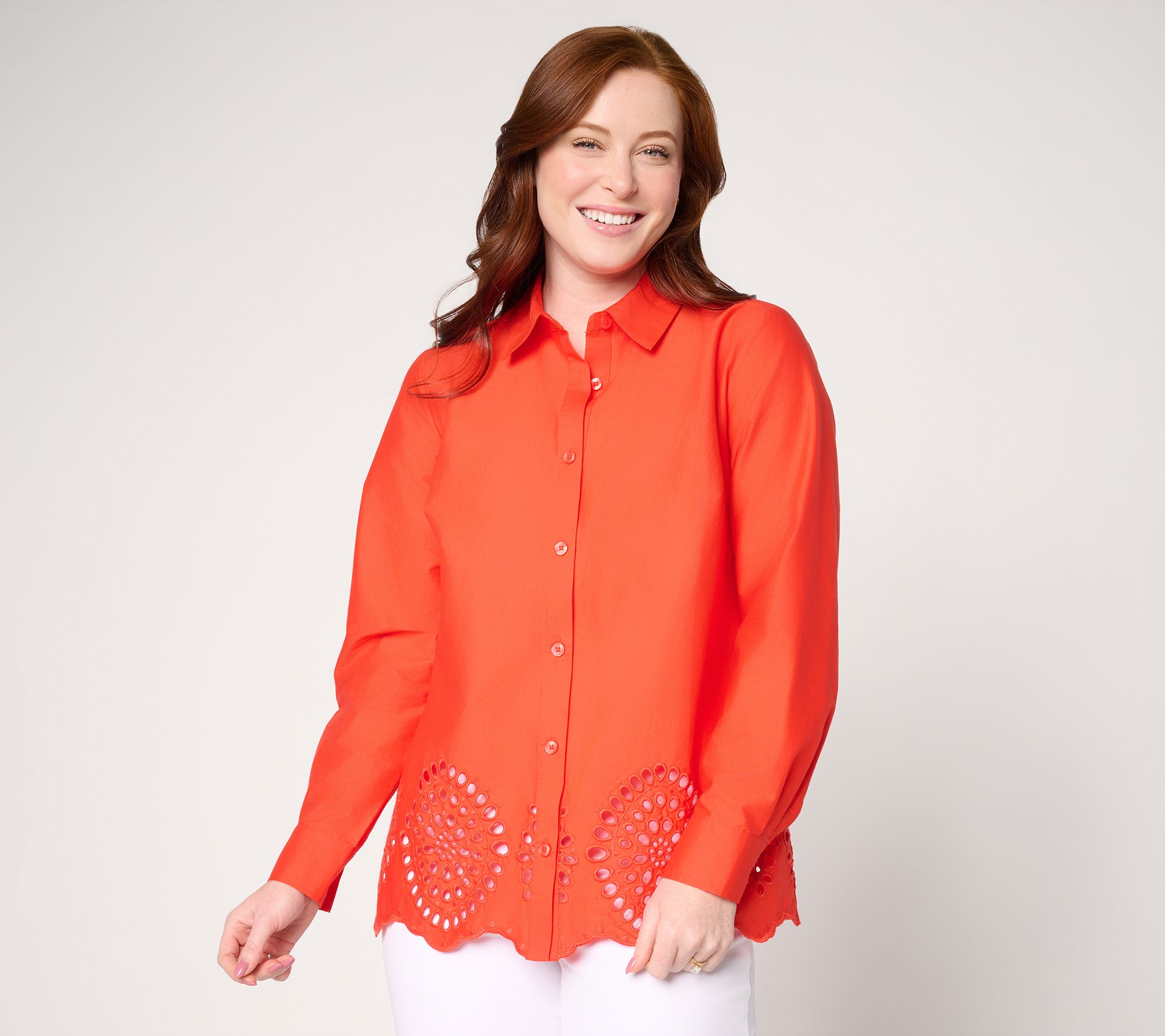 "As Is" Joan Rivers Reg Eyelet Border Button Down ModernFit Tunic