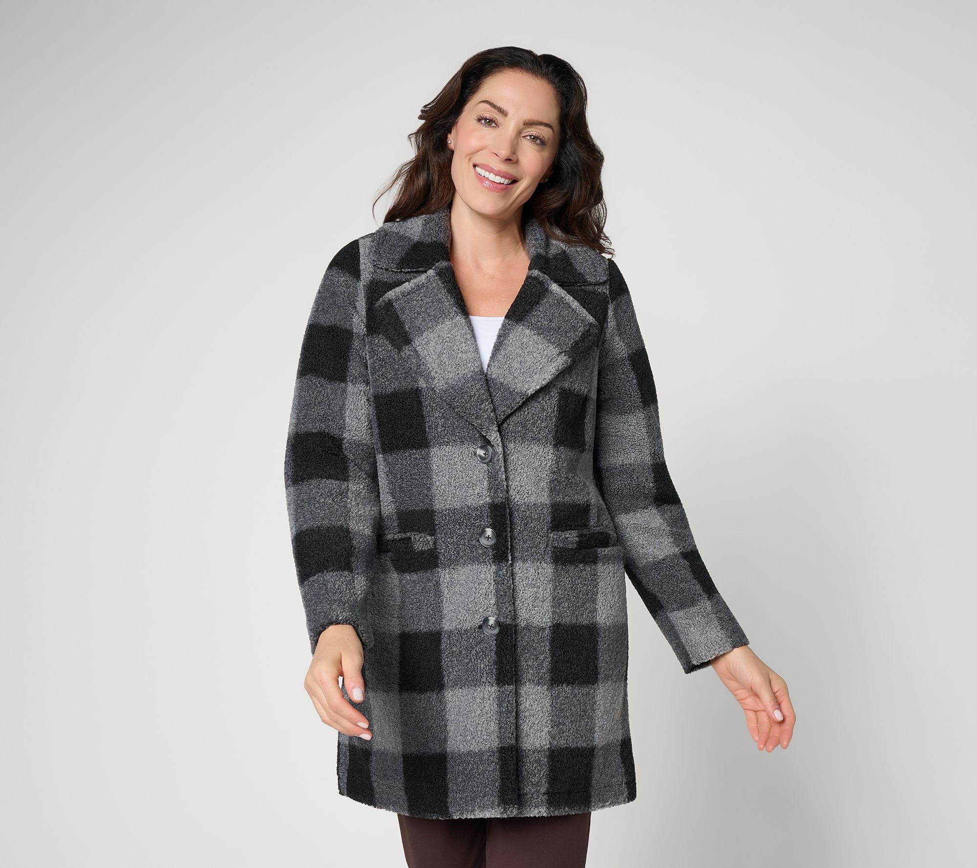 Joan Rivers Regular Buffalo Check Button Front Sherpa Coat