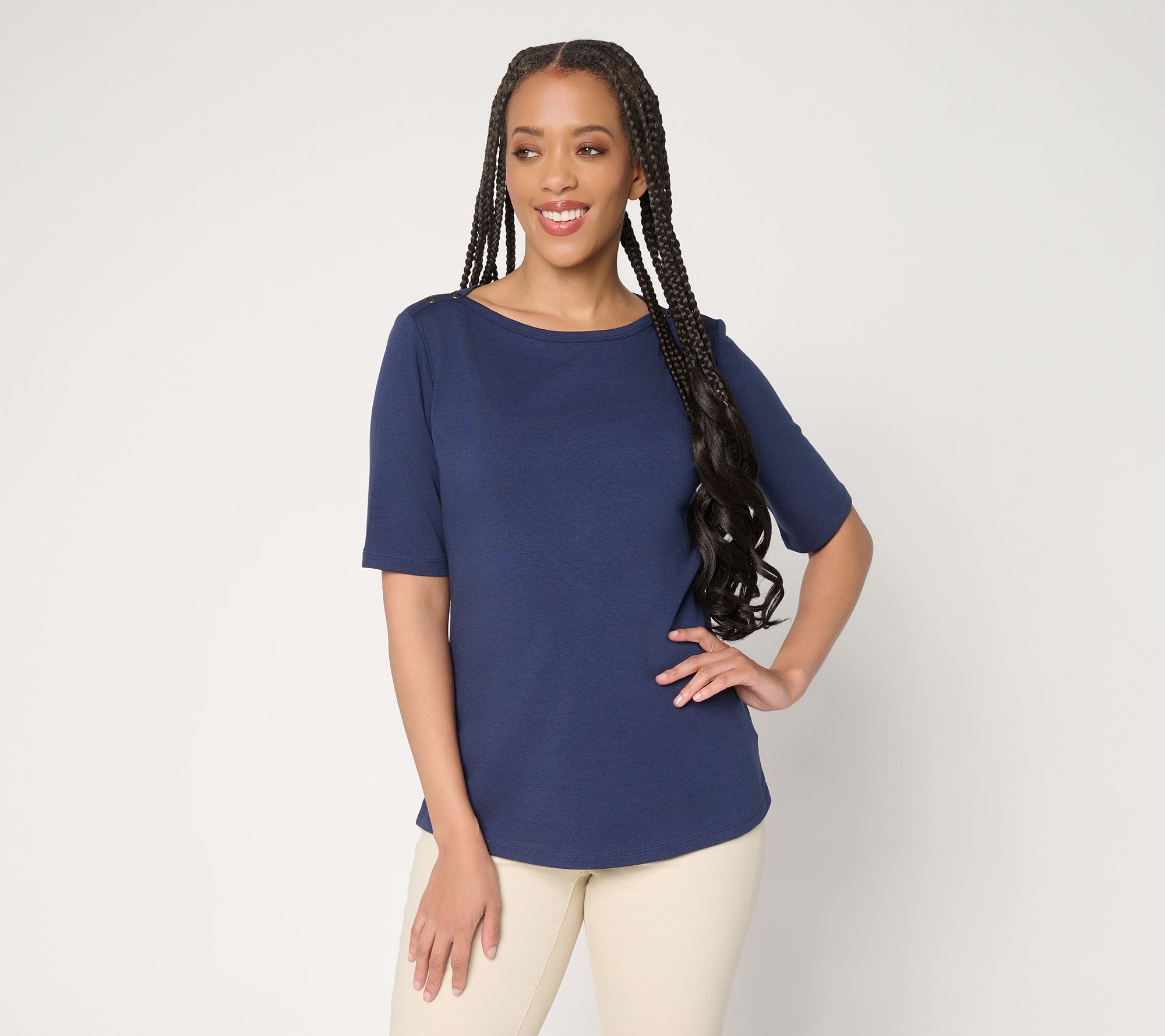 "As Is" Denim & Co. Essentials Favorite Jersey Boat Neck Elbow Sleeve Top