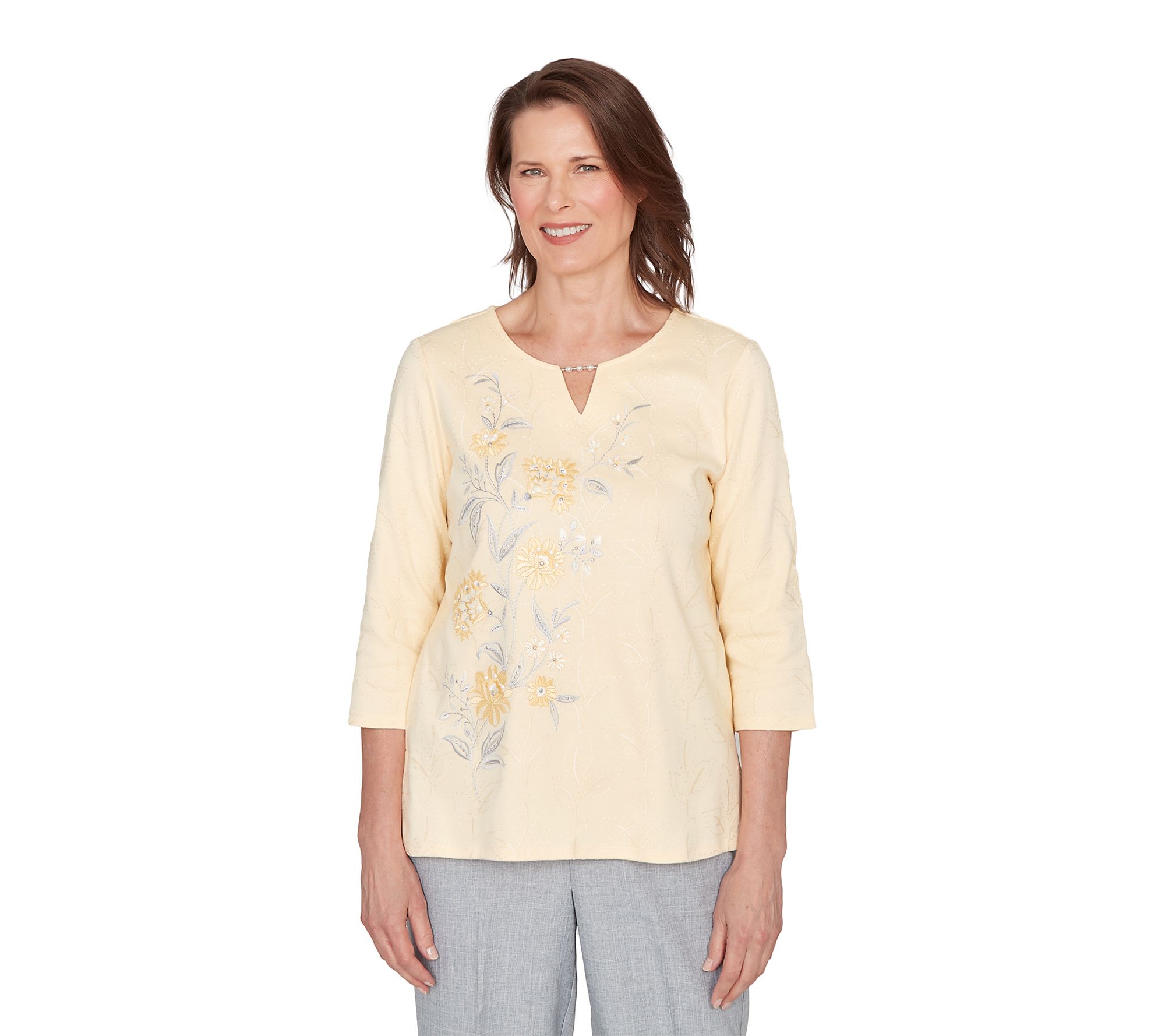 Alfred Dunner Petite Asymmetrical Floral Embroidered Top