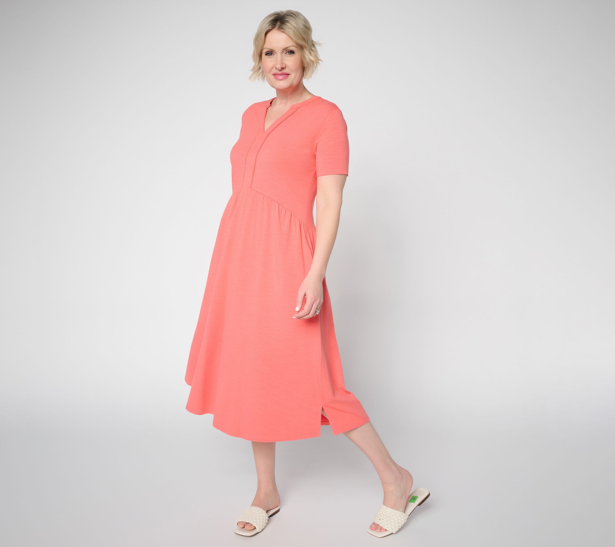 "As Is" Joan Rivers Petite Cotton Modal Scallop V-Neck Midi Dress