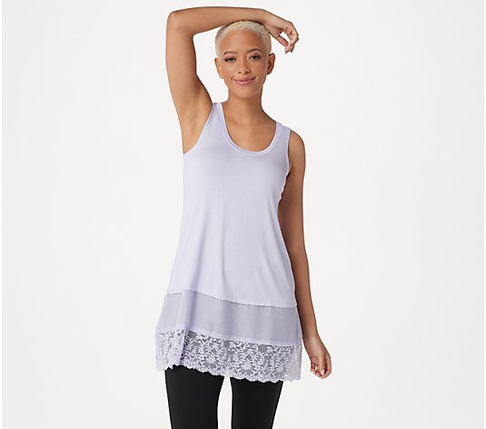 LOGO by Lori Goldstein Regular Knit Tank with Satin and Lace Trim