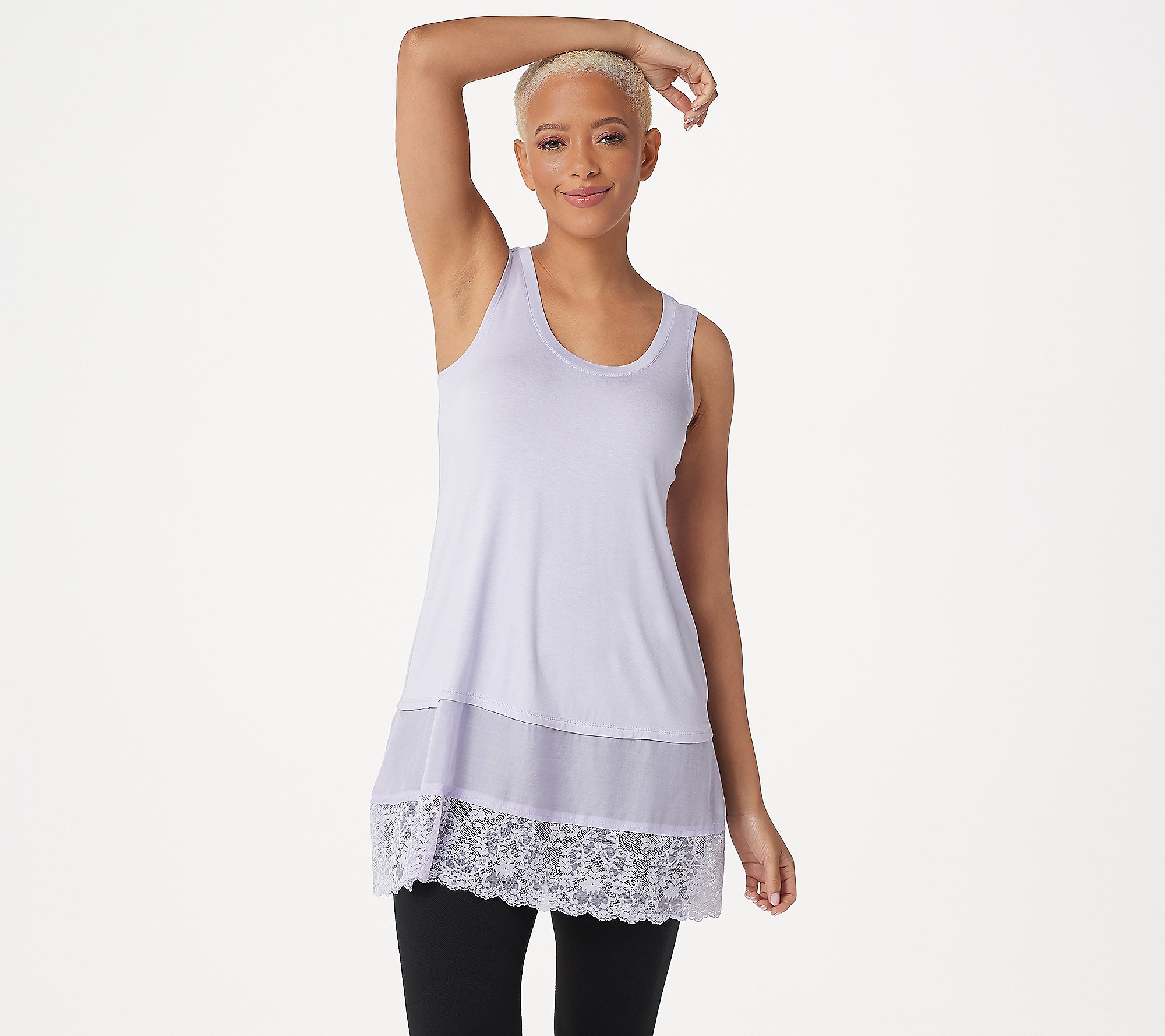 LOGO by Lori Goldstein Regular Knit Tank with Satin and Lace Trim - QVC.com