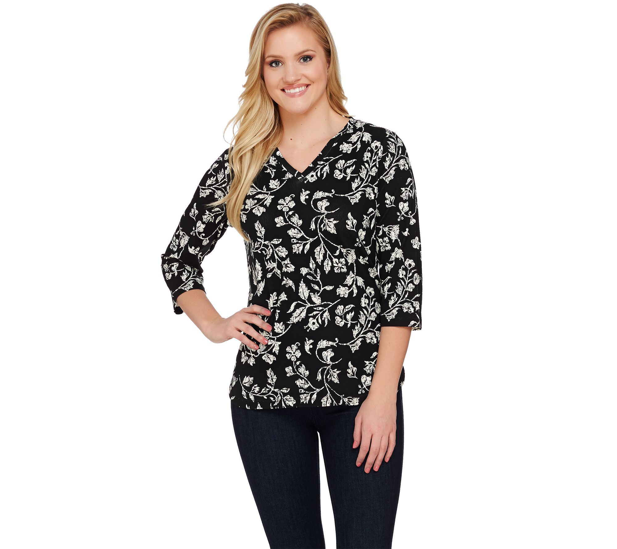 "As Is" Denim & Co. Printed 3/4 Sleeve V-Neck Top