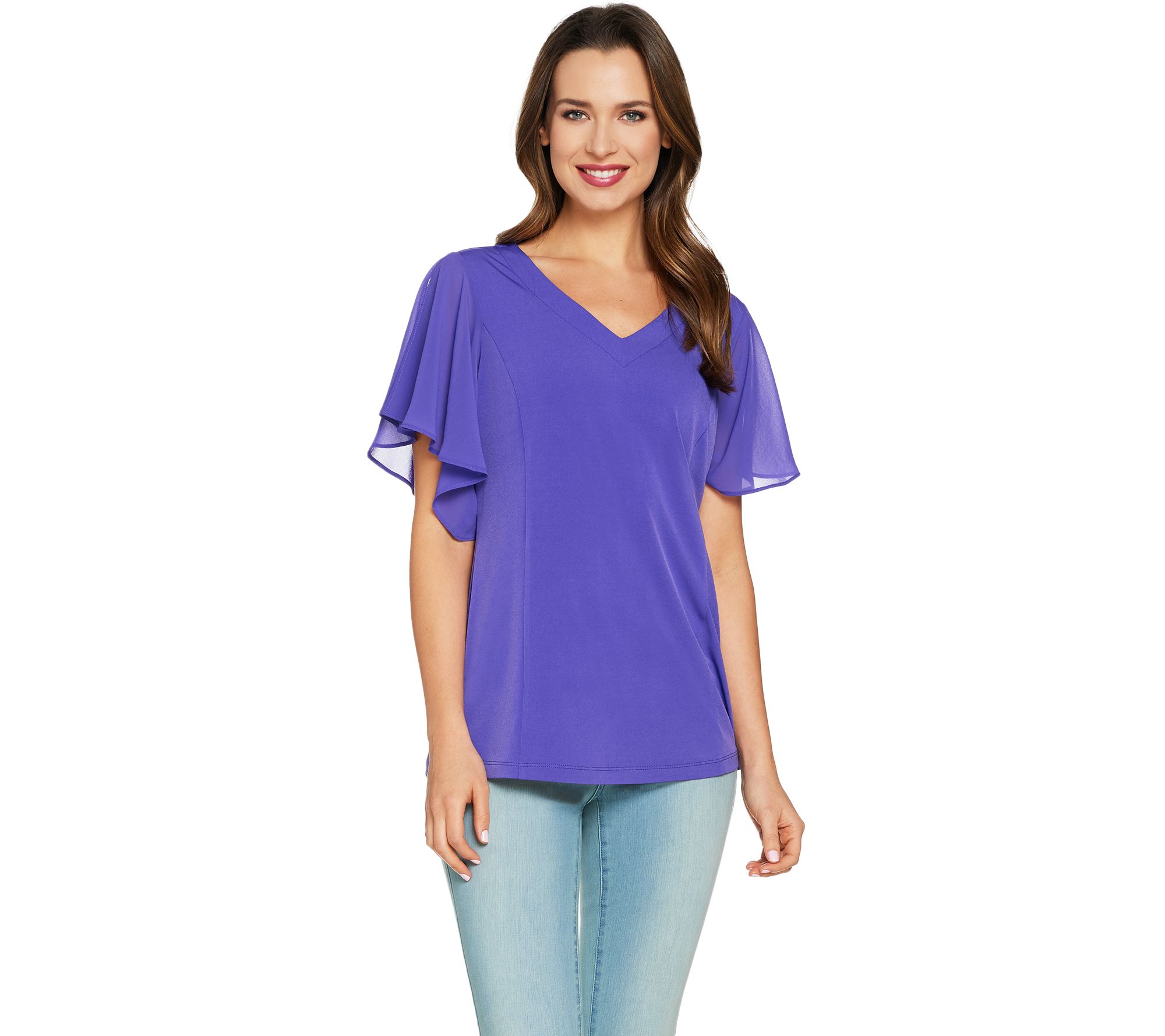 Susan Graver Liquid Knit Top with Sheer Chiffon Flutter Sleeves - Page ...