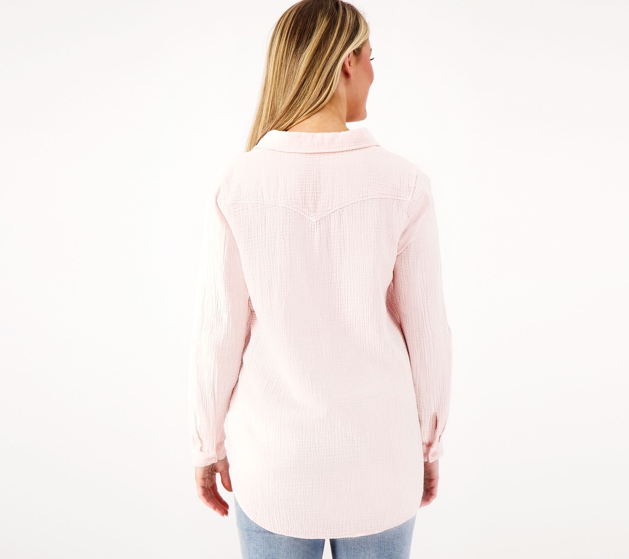 Side Stitch Long Sleeve Curved Hem Button Down Top - QVC.com