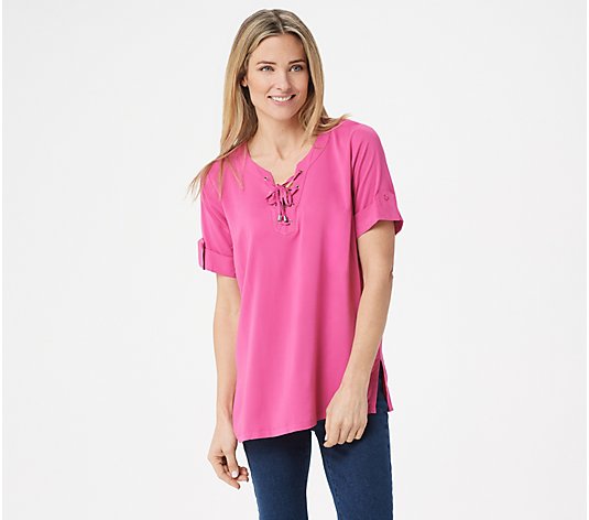 BROOKE SHIELDS Timeless Lace-Up Neck Woven Top