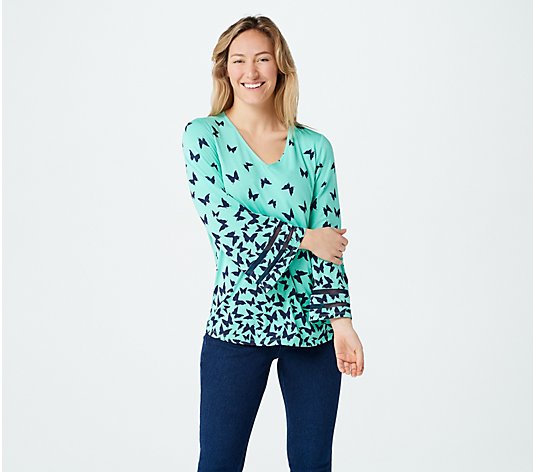 Belle by Kim Gravel Butterfly Print Knit Top with Illusion Sleeve