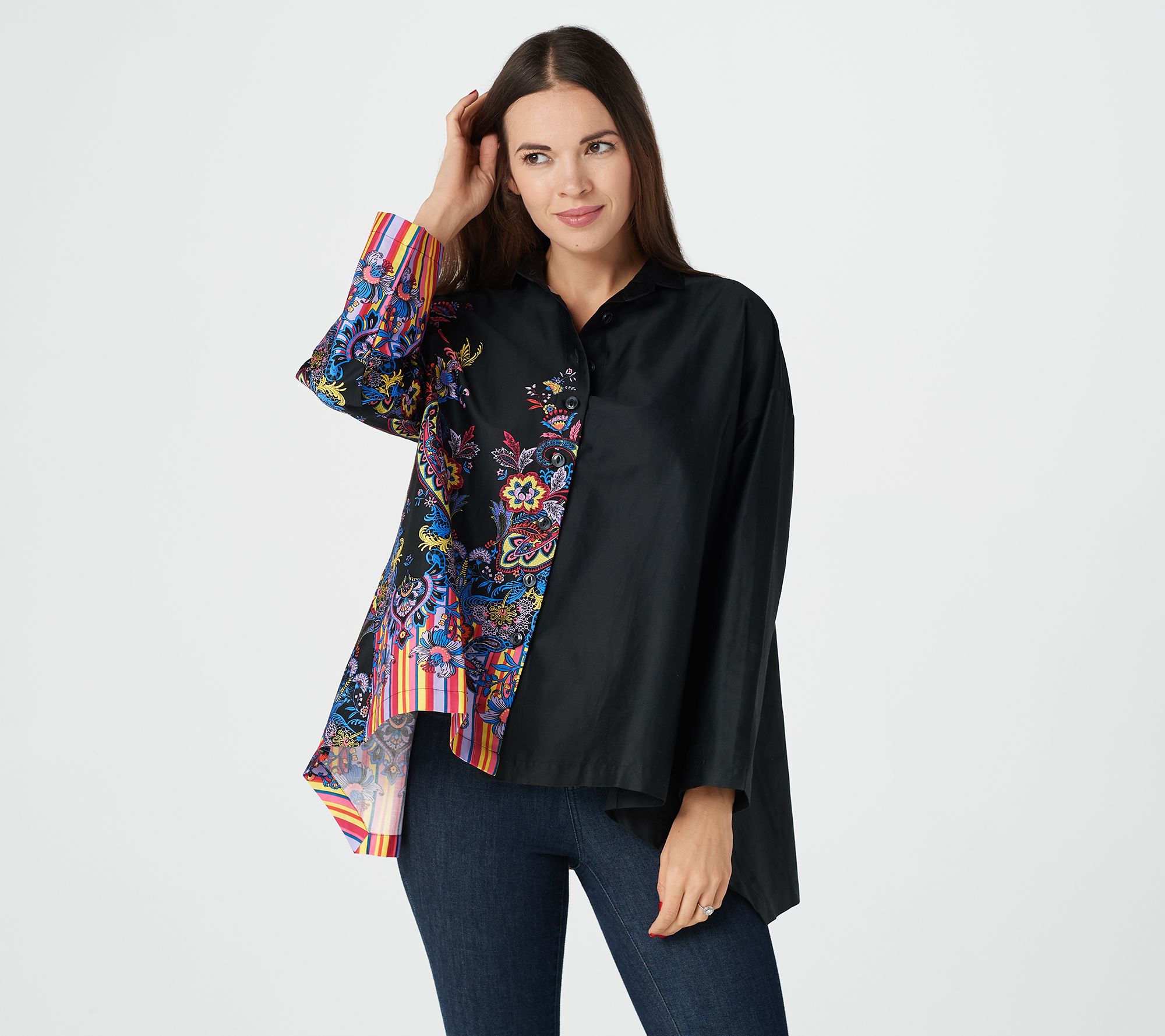 "As Is" Attitudes by Renee Sateen Button Front Shirt w/ Panel - A381773