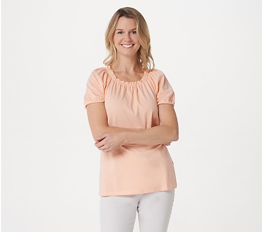 Denim & Co. Jersey Square Neck Short-Sleeve Ruched Top