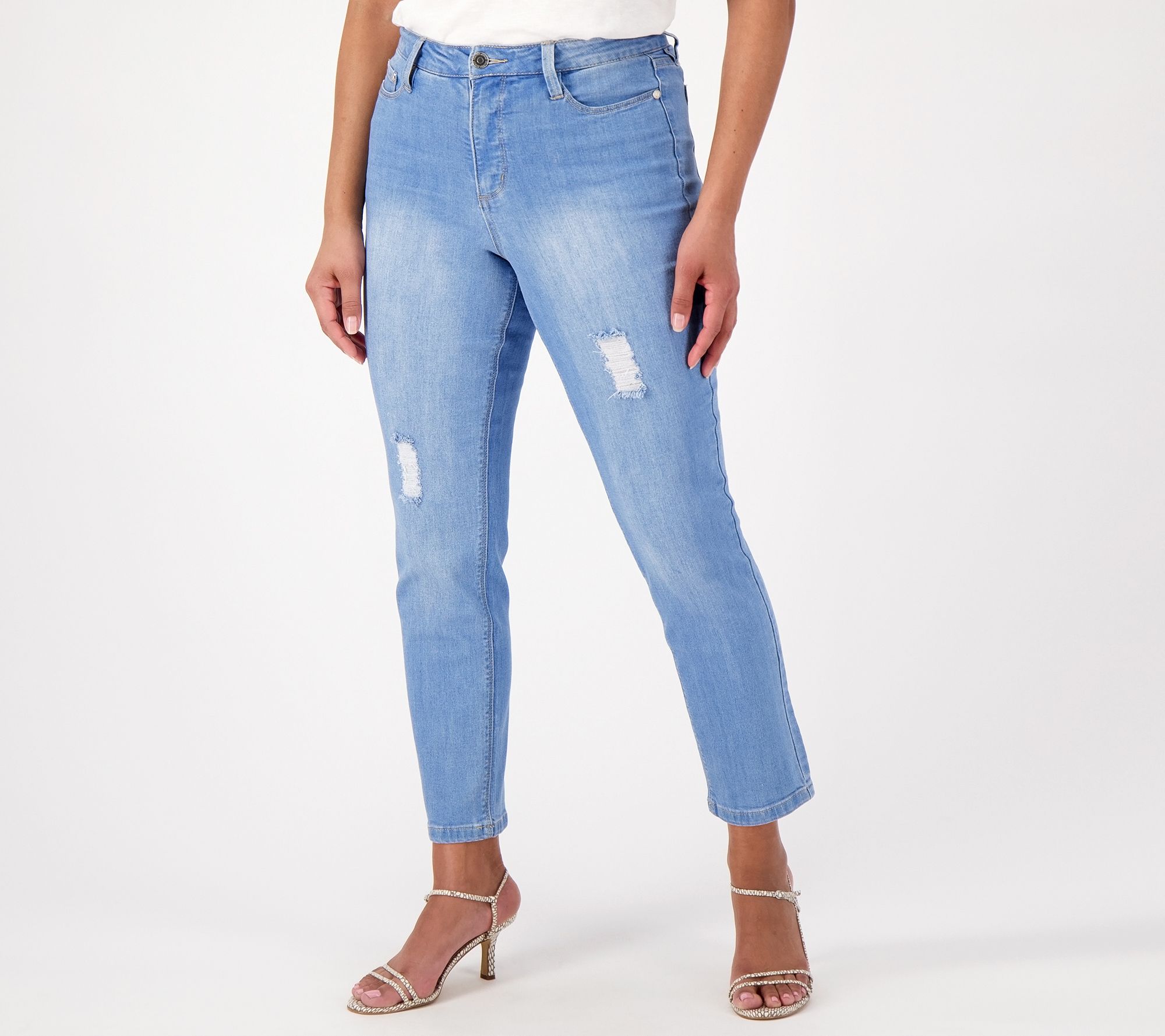 Susan Graver Petite Straight Leg Distressed Ankle Jean