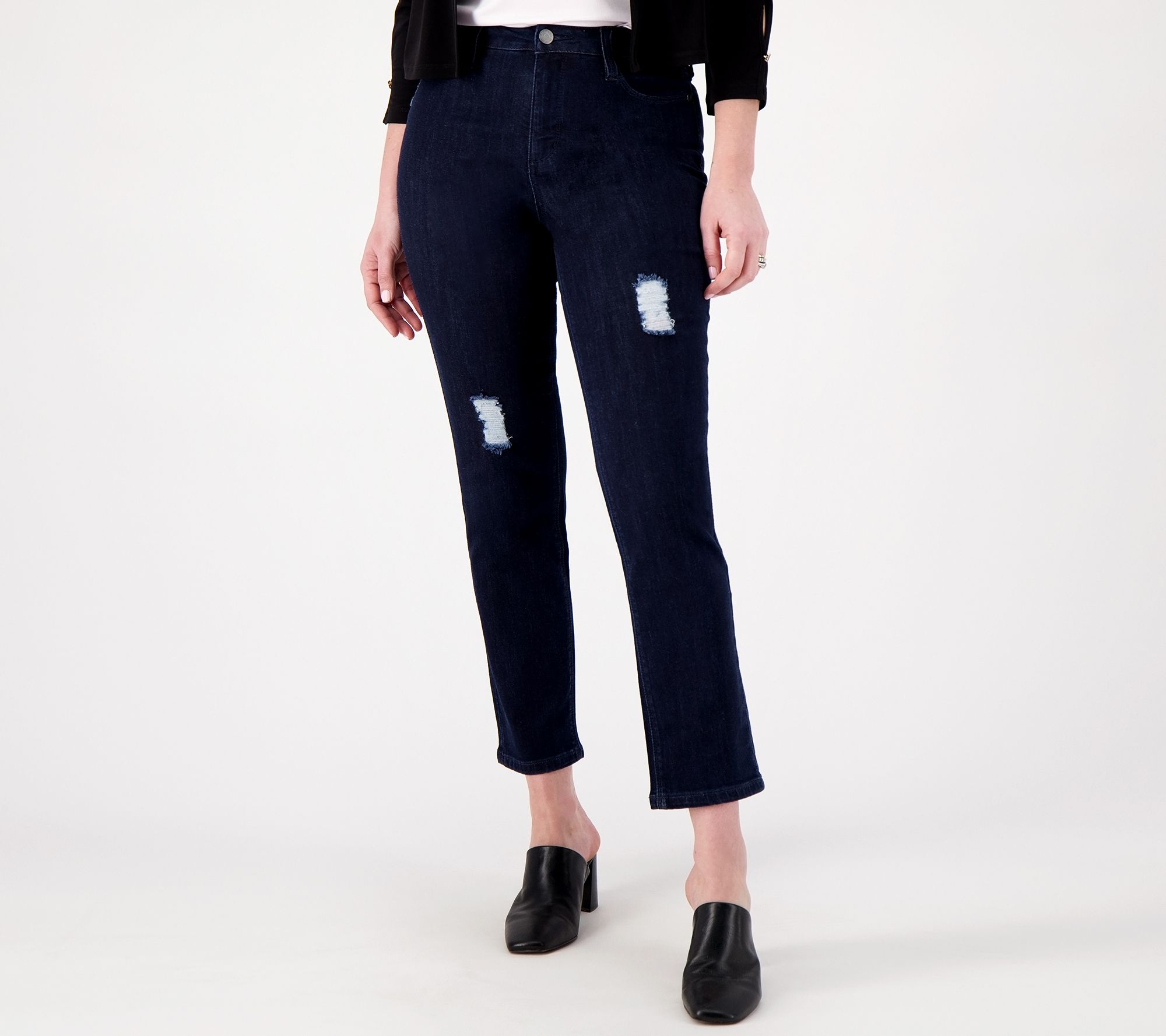 Susan Graver Petite Straight Leg Distressed Ankle Jean