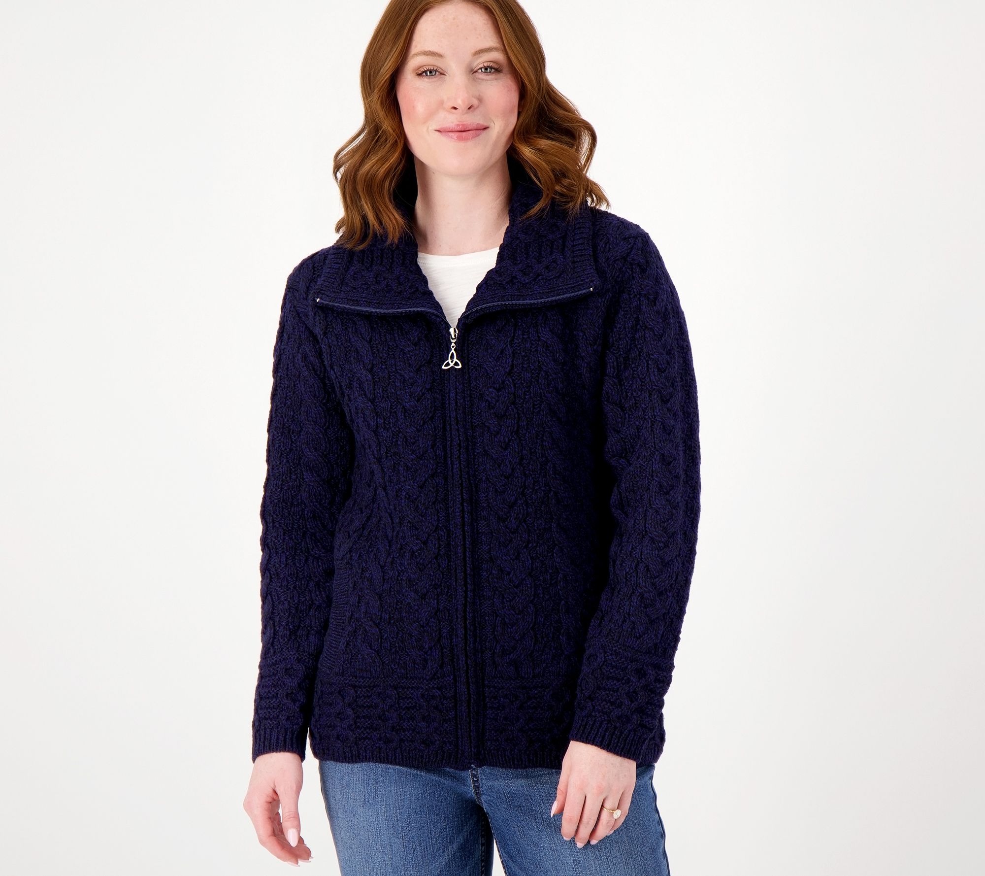"As Is" Aran Crafts Merino Wool Zip-Front Cardigan with Pockets