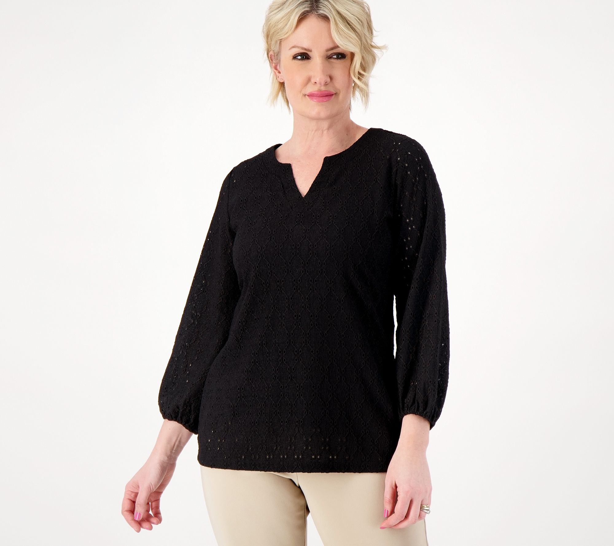 "As Is" Susan Graver Passport Knit Eyelet 3/4 Sleeve Top