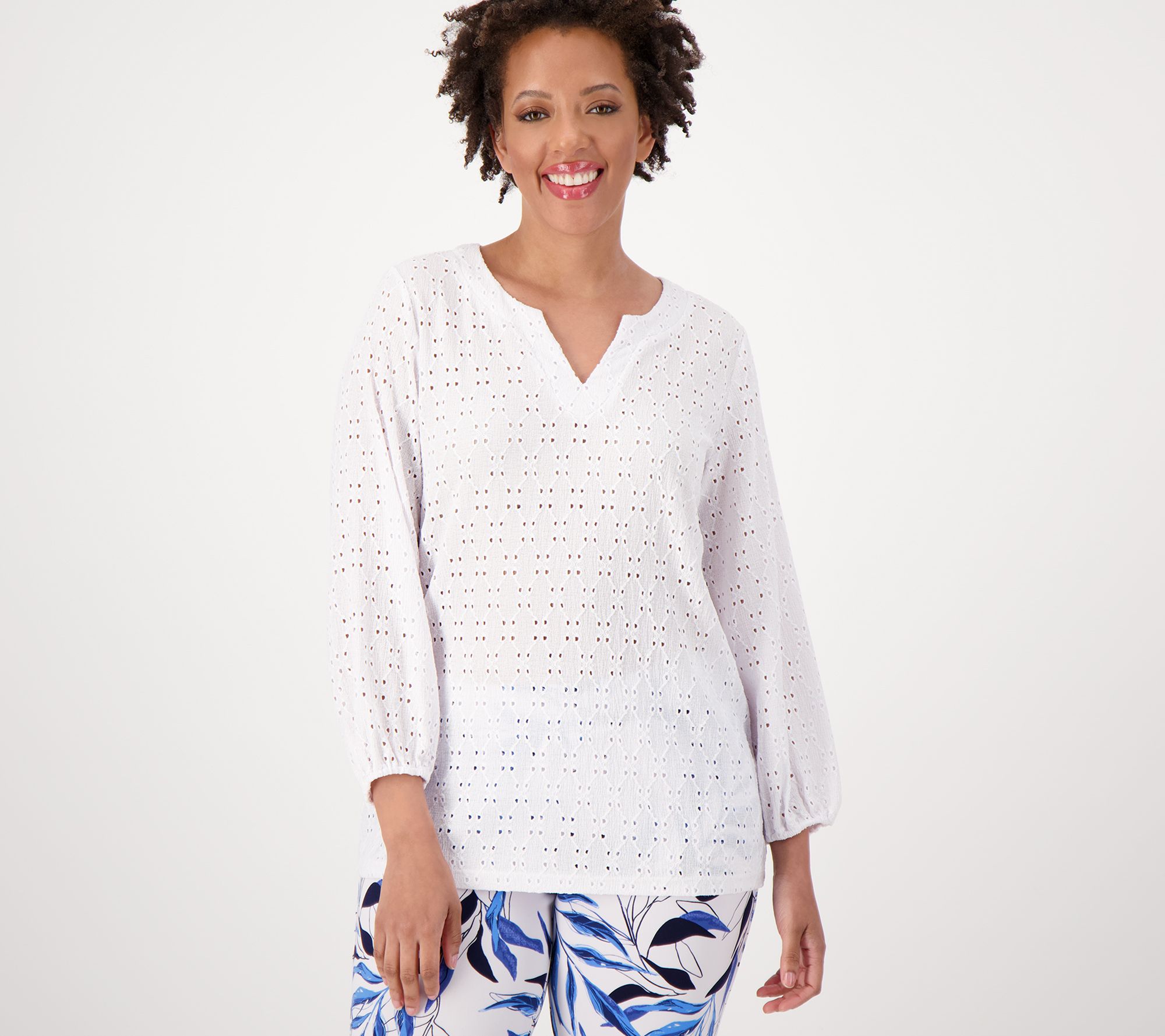"As Is" Susan Graver Passport Knit Eyelet 3/4 Sleeve Top