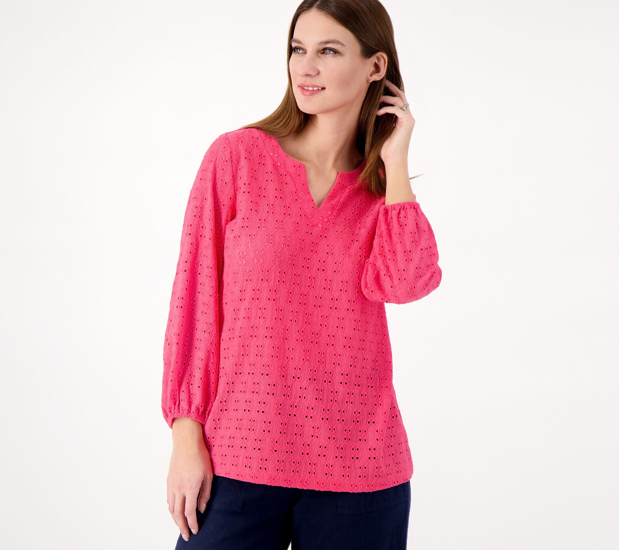 "As Is" Susan Graver Passport Knit Eyelet 3/4 Sleeve Top