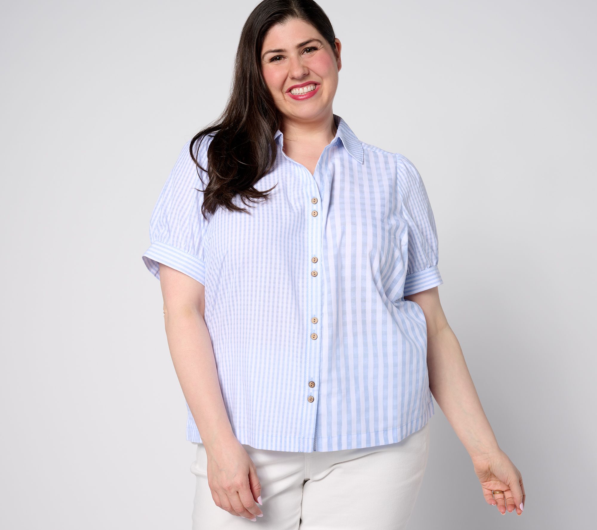 AnyBody Short Puff Sleeve Button Front Woven Shirt