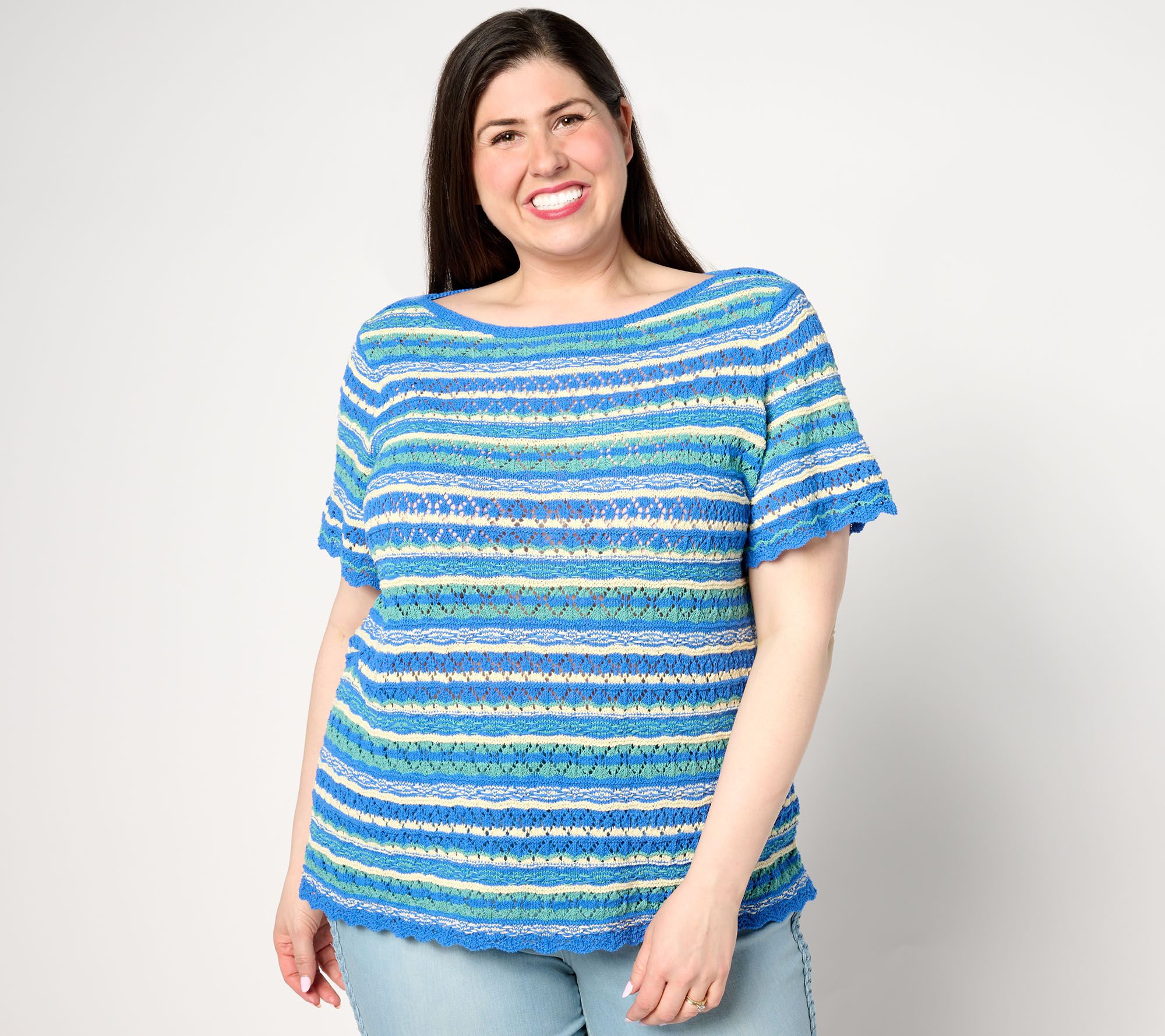 Belle by Kim Gravel Summer Boho Pointelle Stripe Sweater