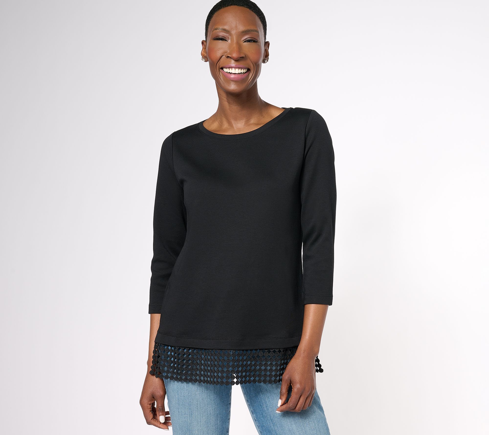 "As Is" Isaac Mizrahi Live! 3/4 Sleeve Top with Geo Lace Hem