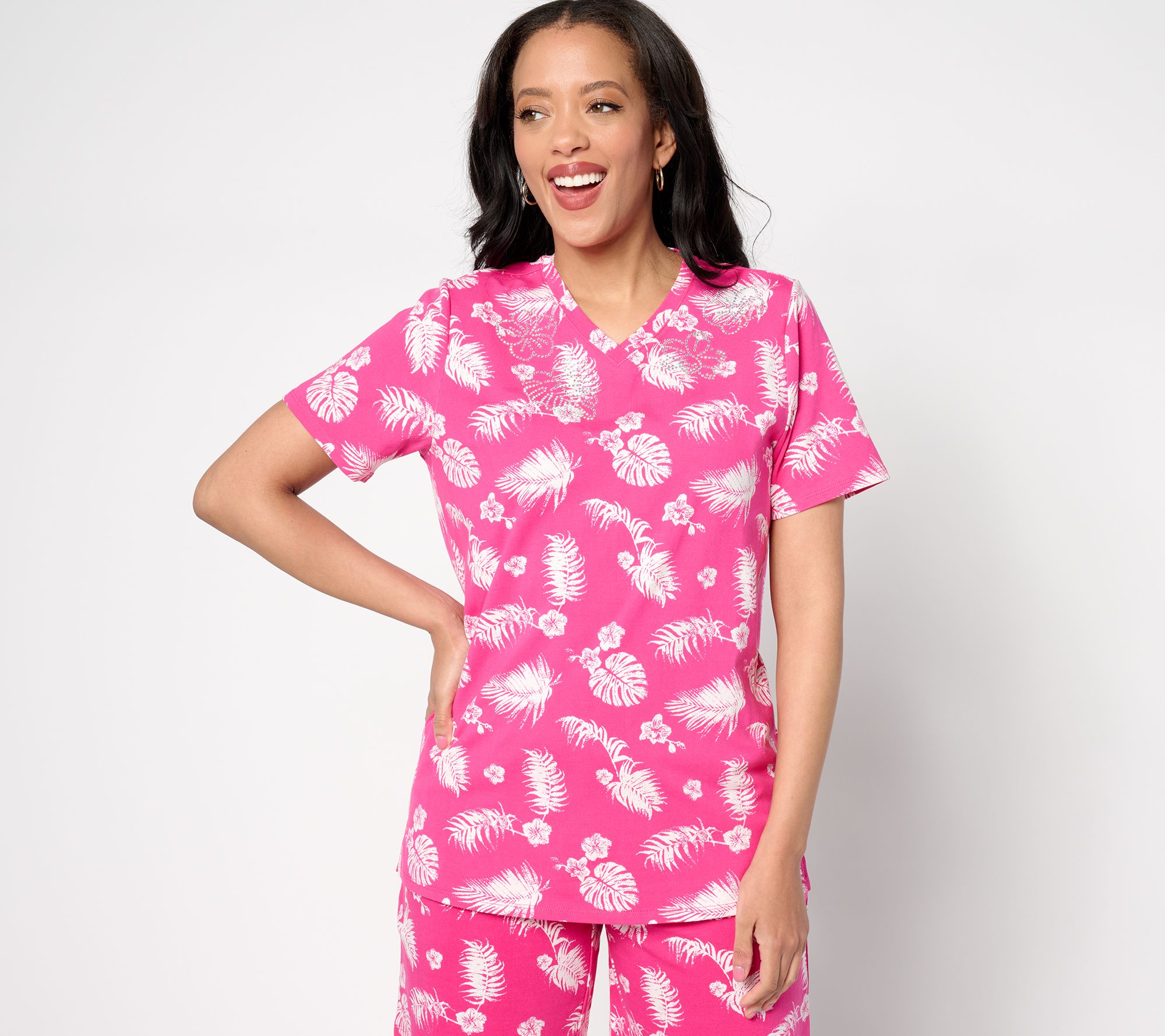 Quacker Factory Printed Palm Short Sleeve Top