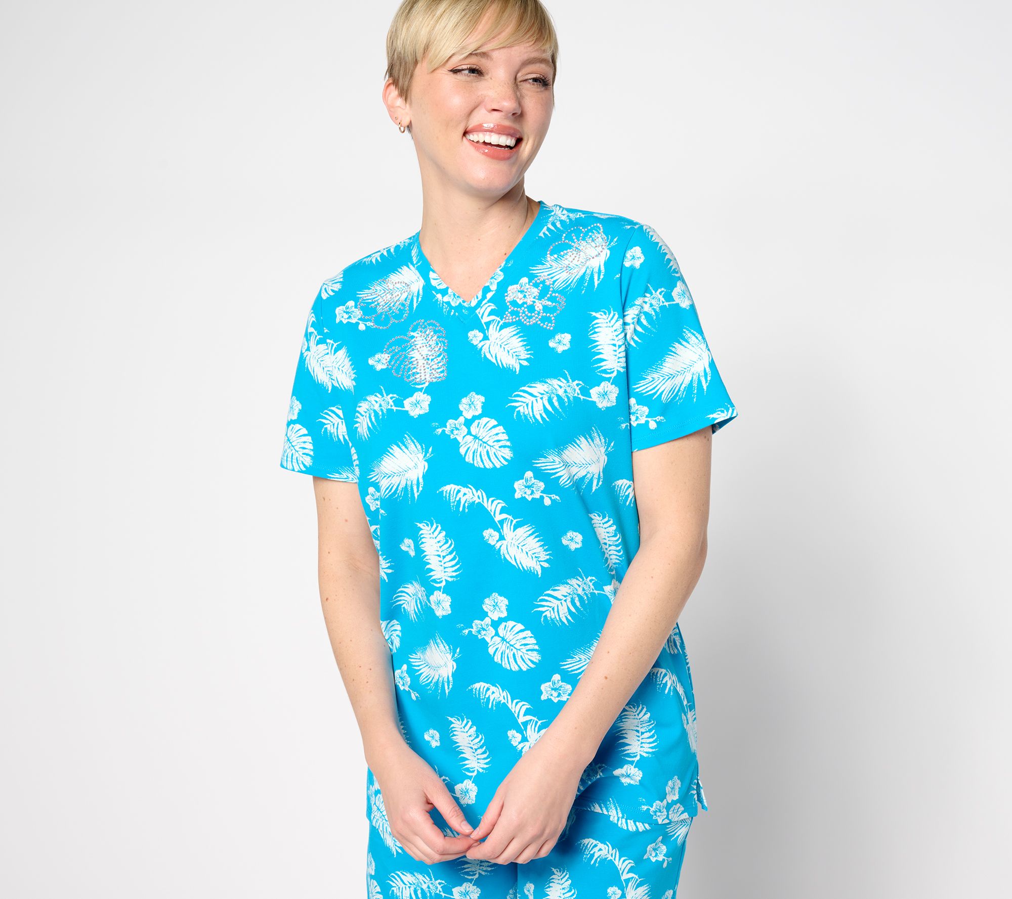 Quacker Factory Printed Palm Short Sleeve Top