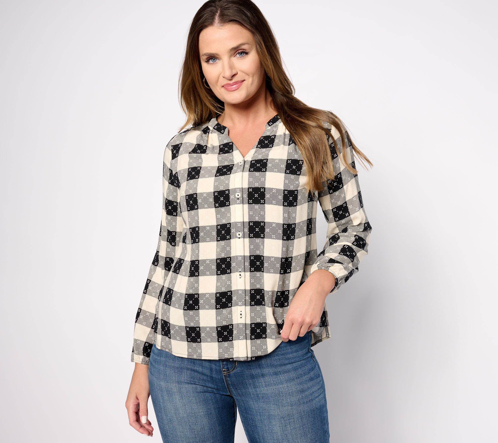 "As Is" Denim & Co. Heritage Plaid Button Front Y-Neck Blouse