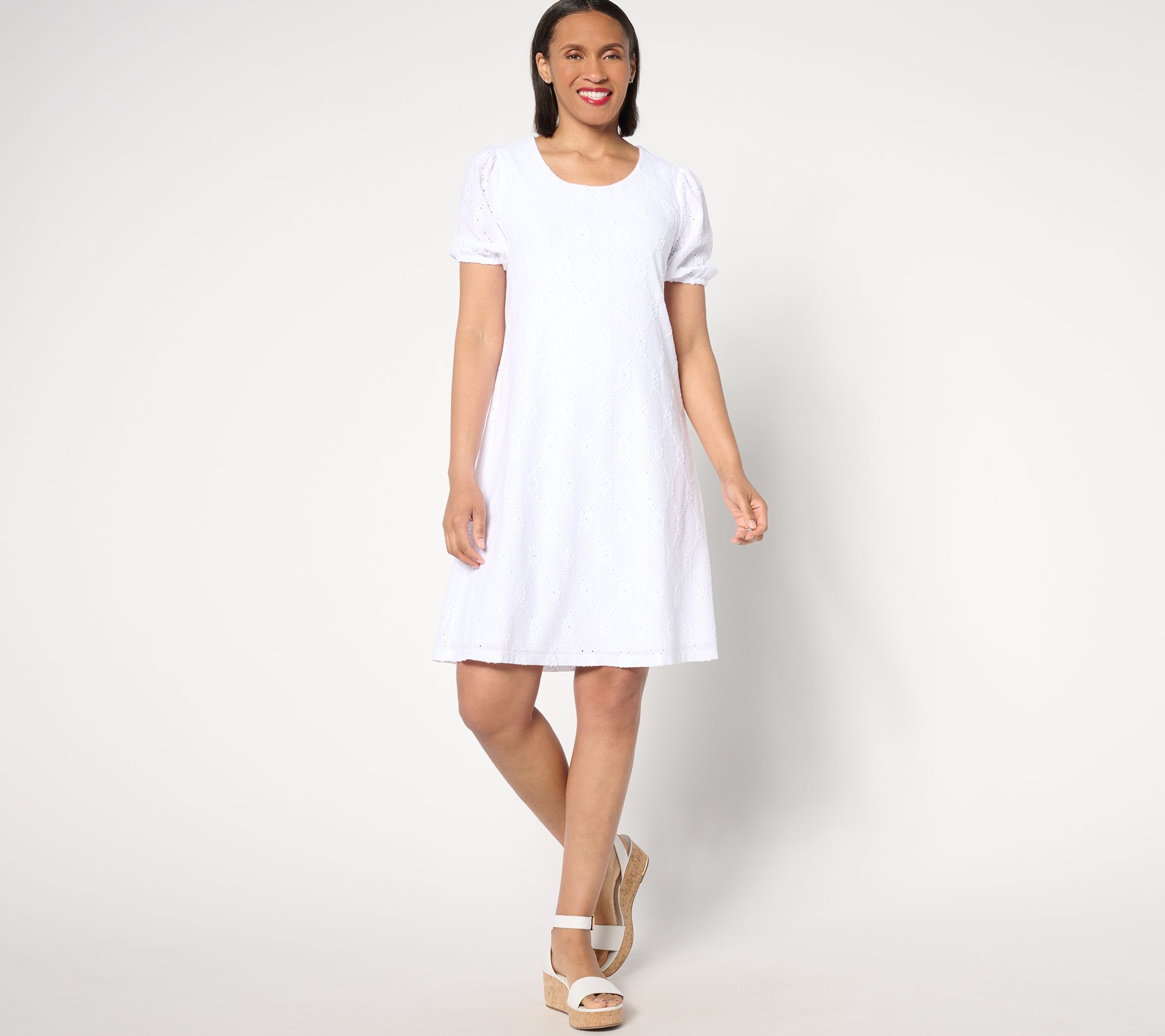 Susan Graver Petite Knit Eyelet Elbow Sleeve Fully Lined Dress