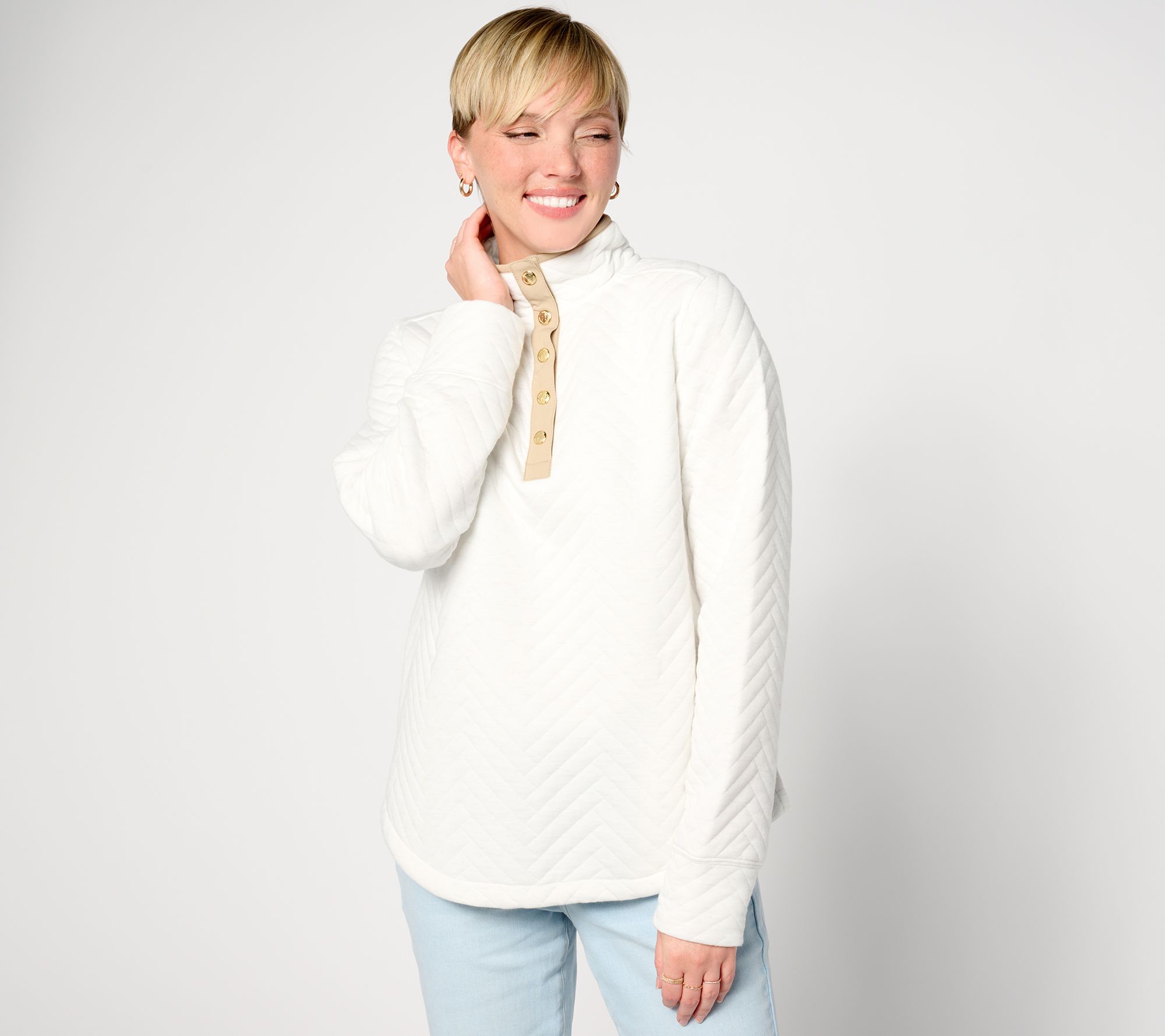 "As Is" Isaac Mizrahi Live! Clubhouse Quilt Plush Knit Half Snap Pullover