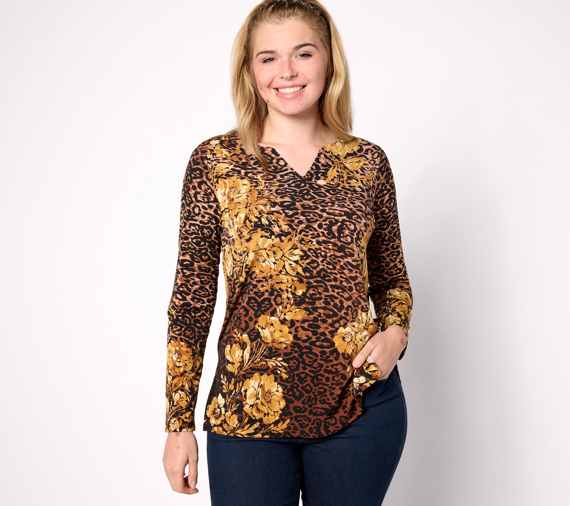 "As Is" Susan Graver Petite Printed Liquid Knit Split Neck Long Slv Tunic