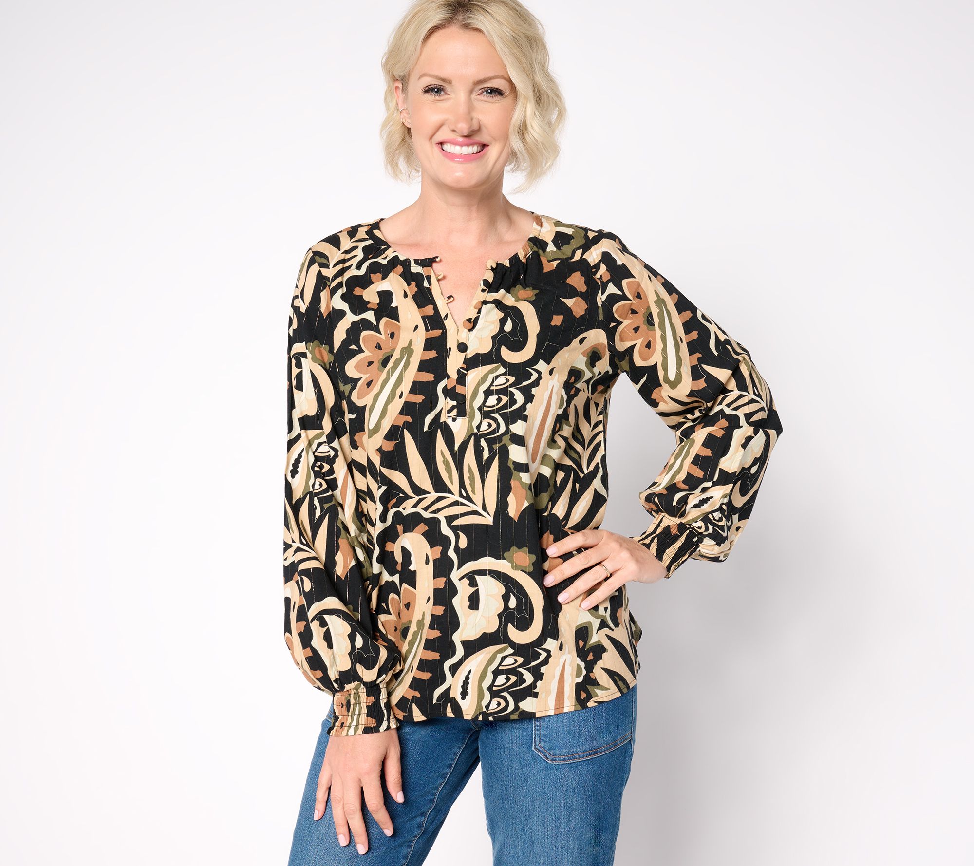 Belle Boho by Kim Gravel Autumn Tapestry Smocked Sleeve Blouse