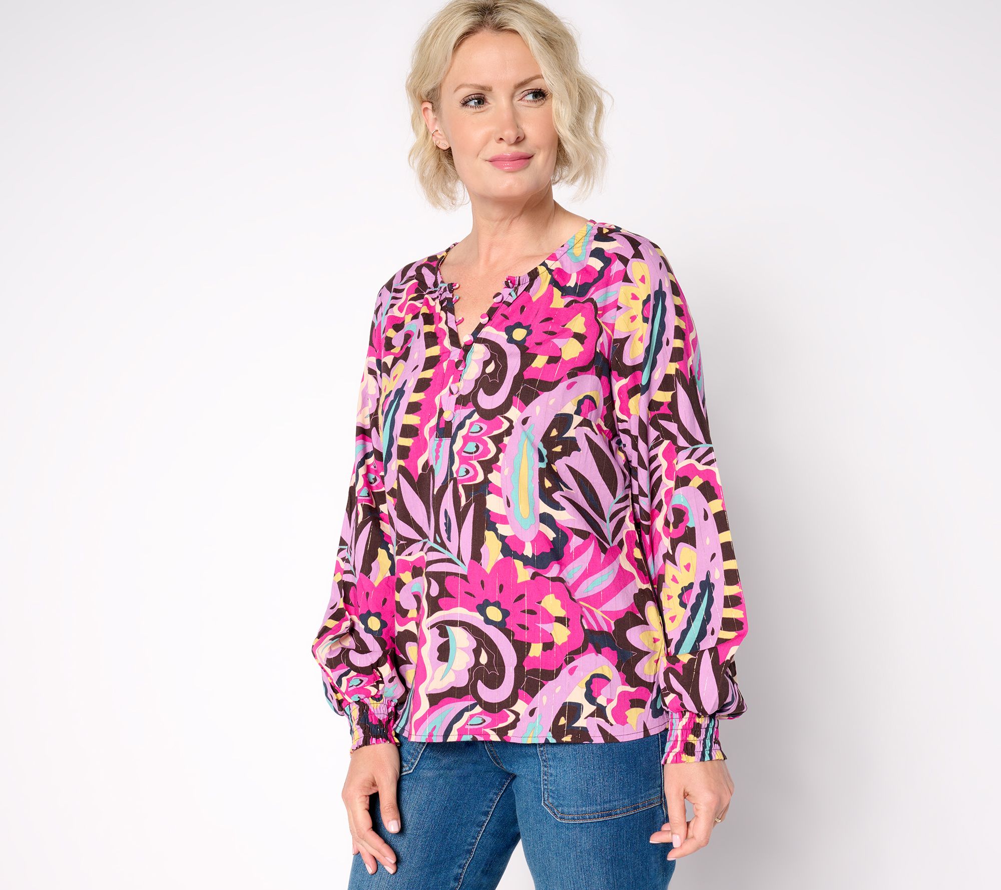 Belle Boho by Kim Gravel Autumn Tapestry Smocked Sleeve Blouse