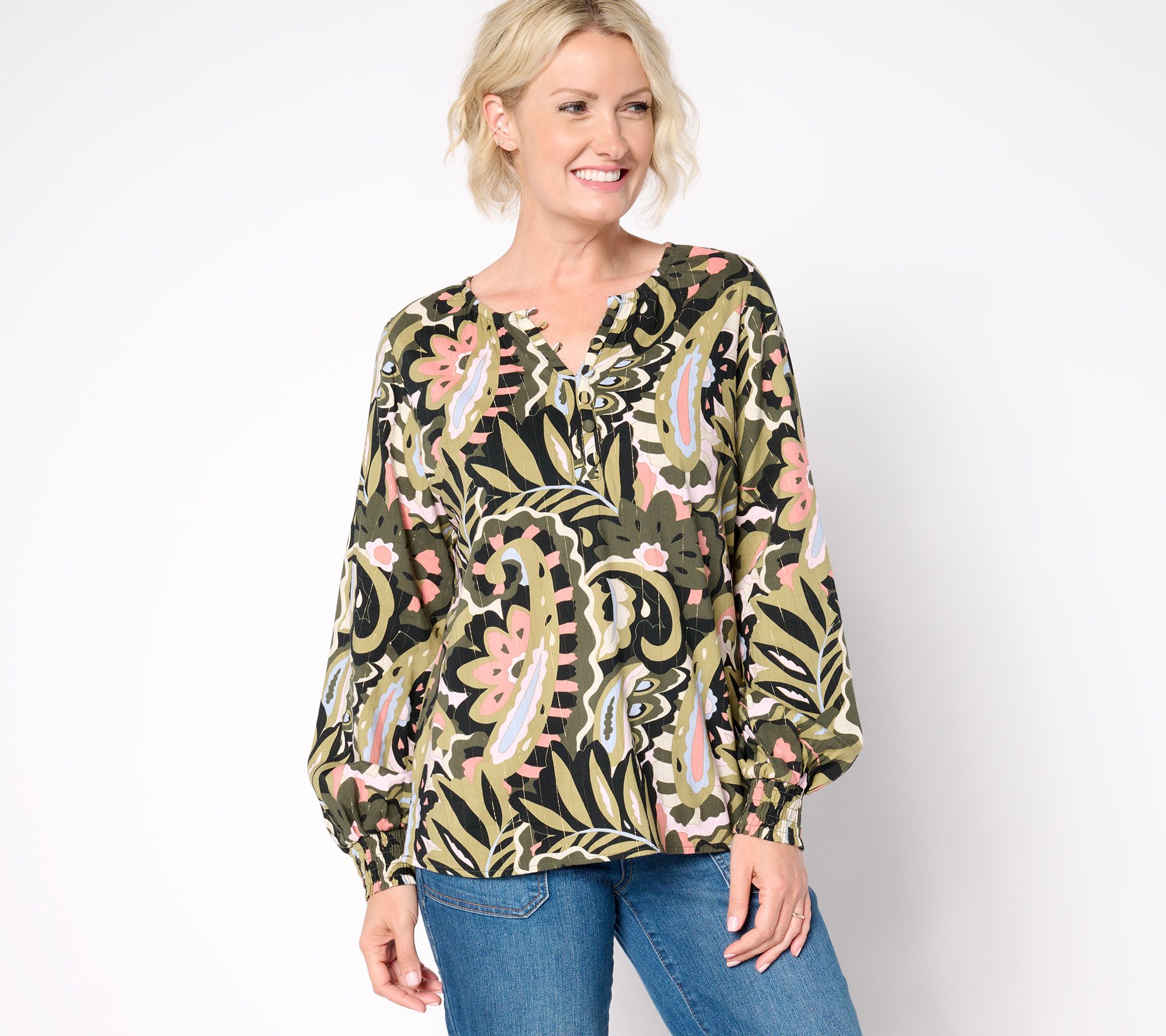Belle Boho by Kim Gravel Autumn Tapestry Smocked Sleeve Blouse