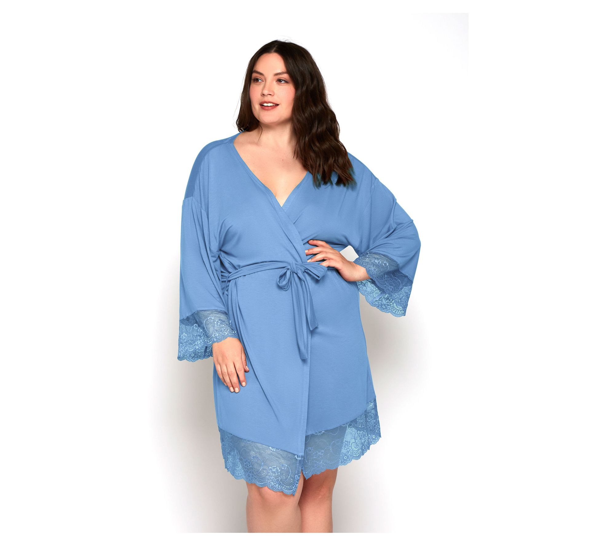 iCollection Soft Viscose Robe with Lace Trim and Waist Tie
