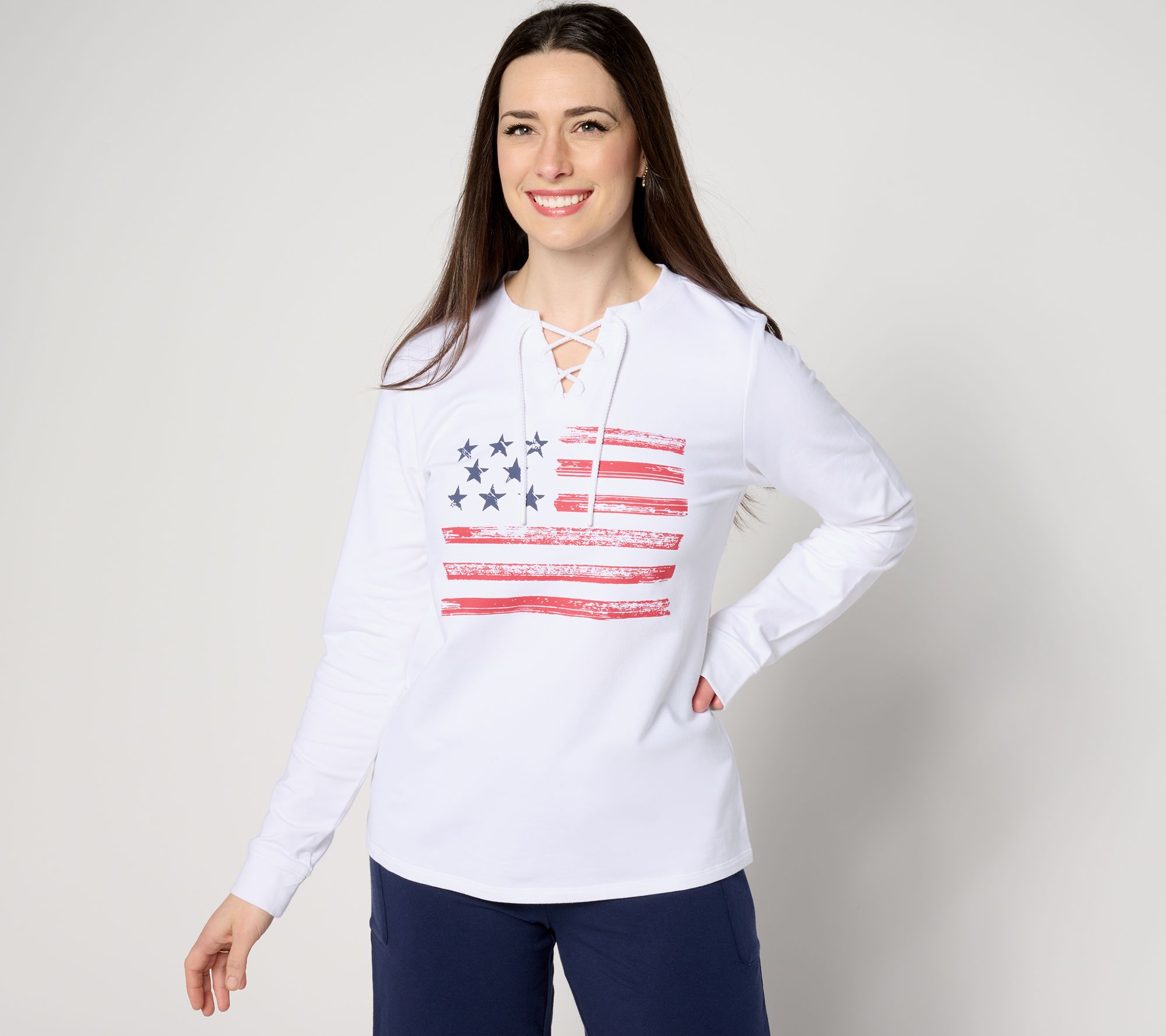 "As Is" Denim & Co. Active Americana Flag French Terry Sweatshirt