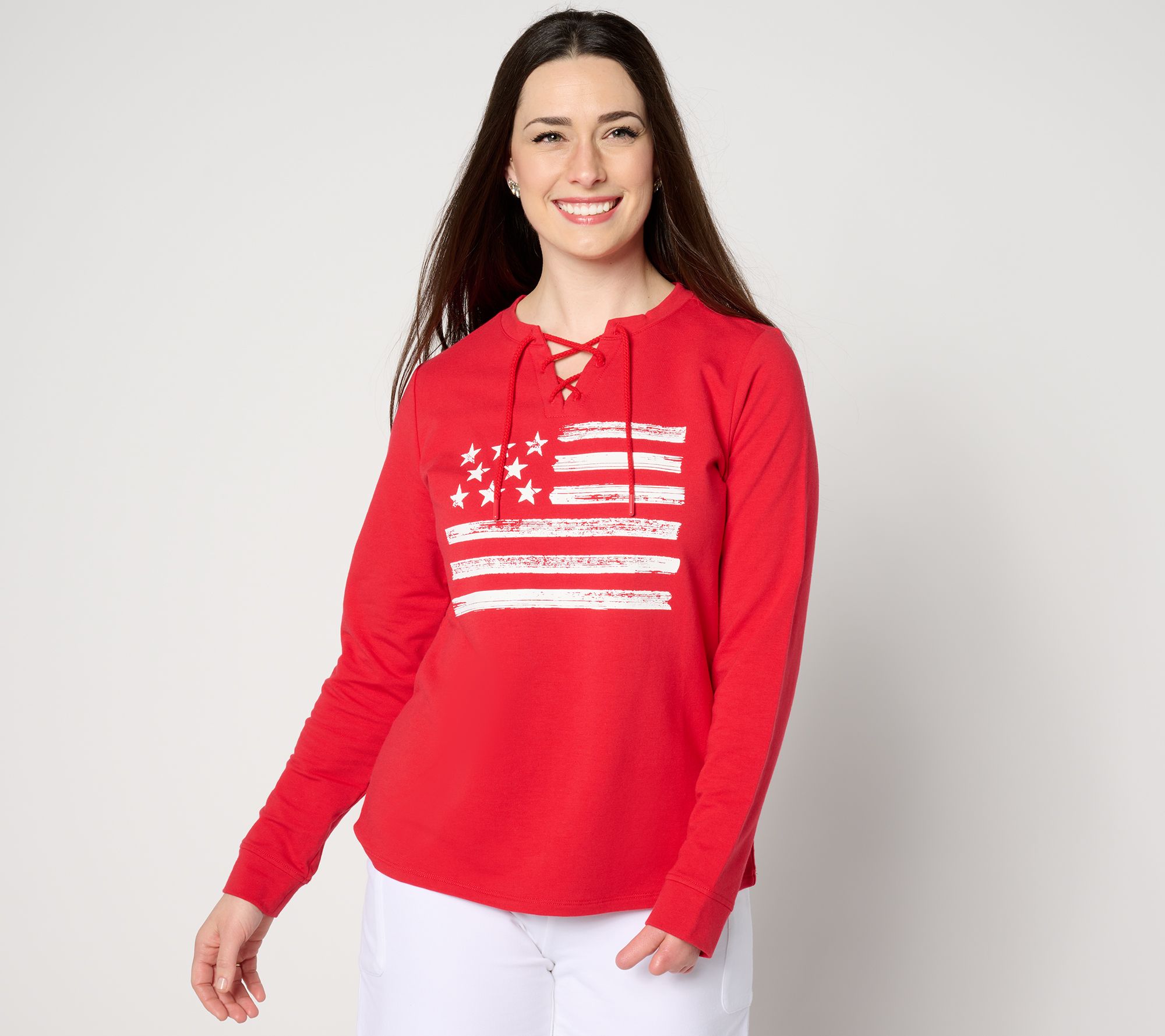 "As Is" Denim & Co. Active Americana Flag French Terry Sweatshirt