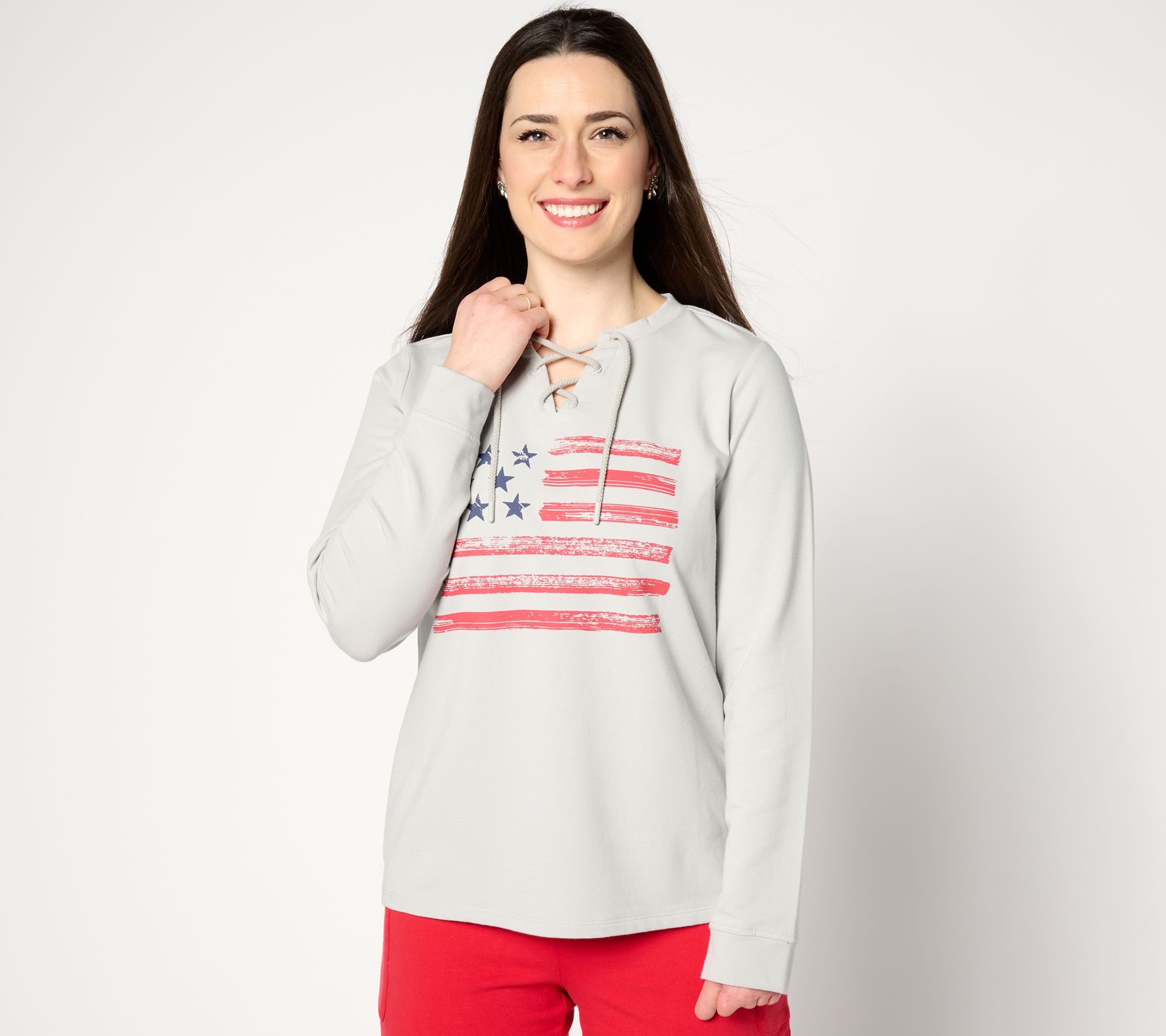 "As Is" Denim & Co. Active Americana Flag French Terry Sweatshirt