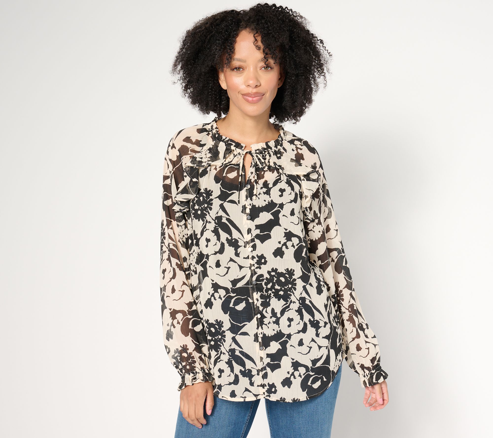 Denim & Co. Signature Raglan Sleeve Ruffle Detail Printed Top
