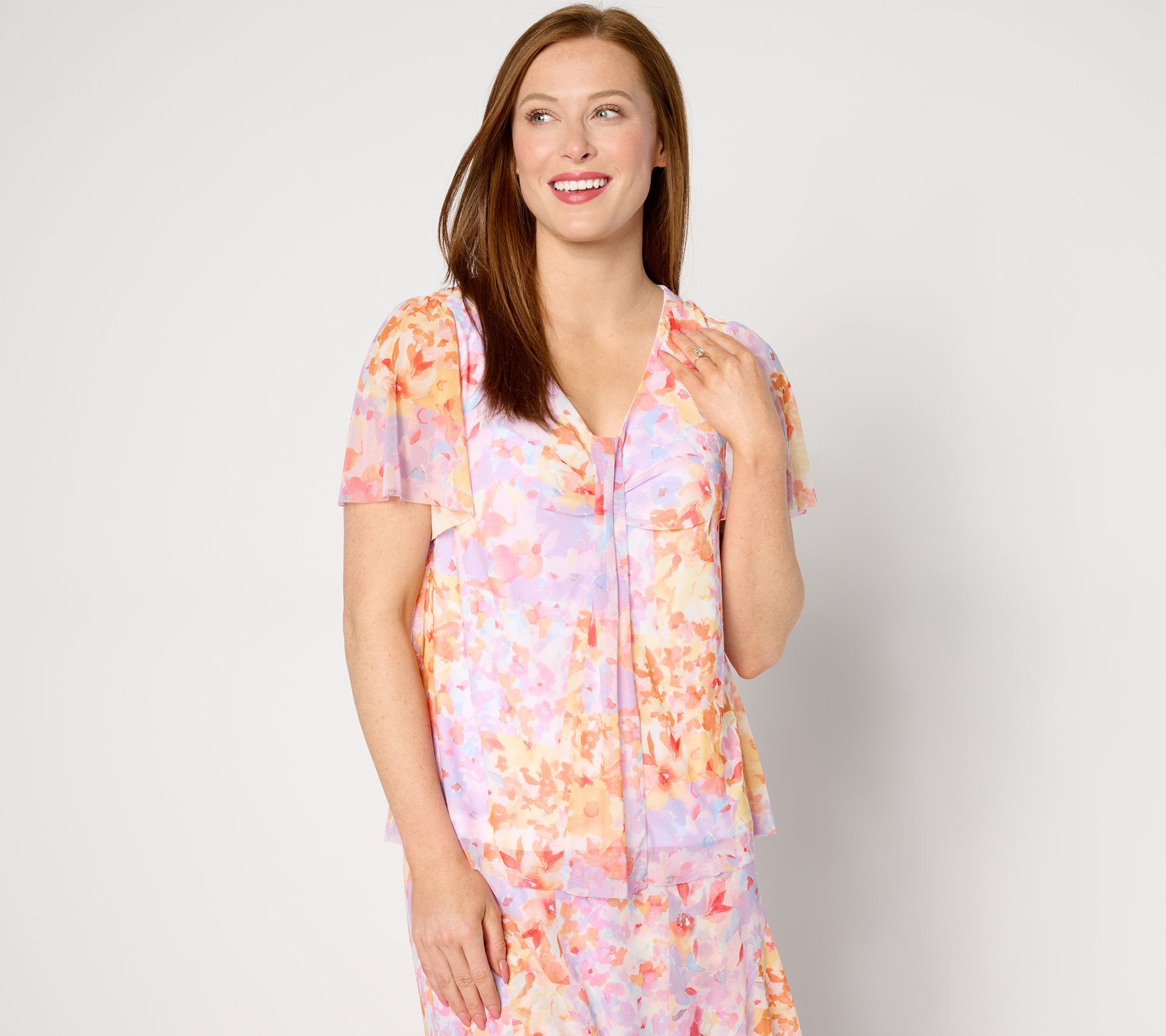 "As Is" Isaac Mizrahi Live! Printed Mesh Twist Front Flutter Slv Top