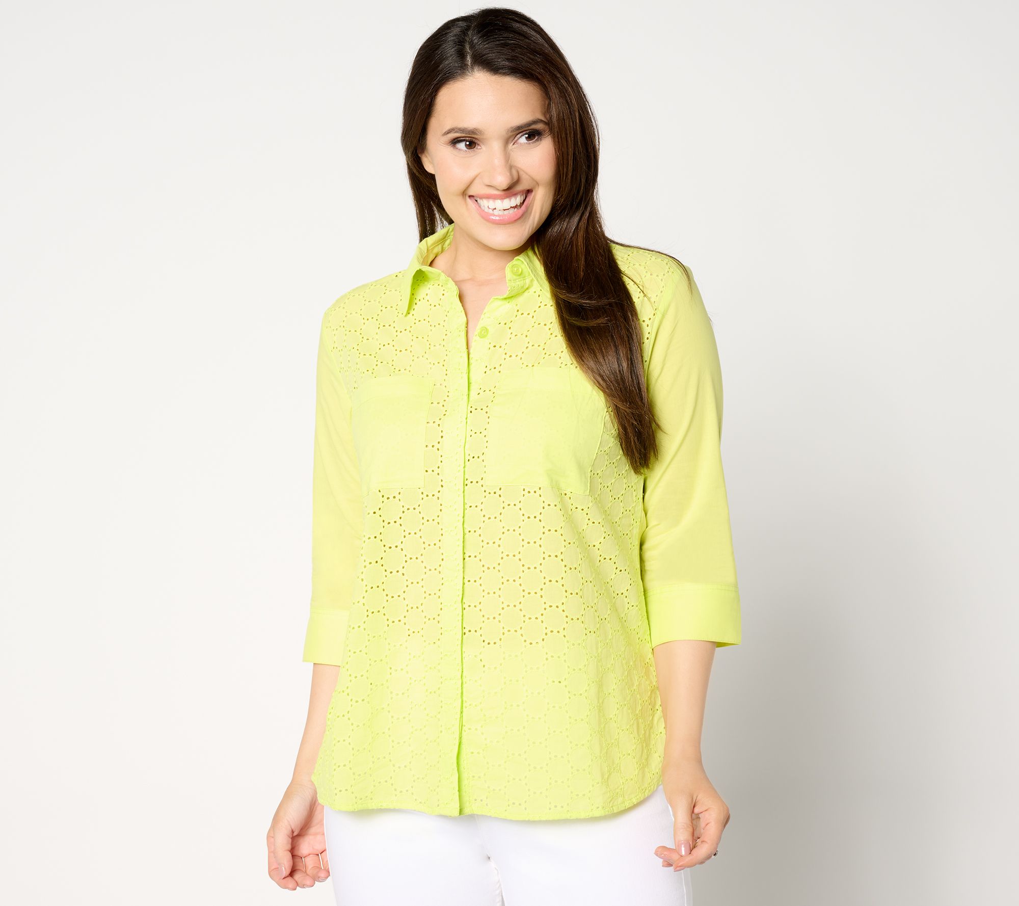 "As Is" Joan Rivers Eyelet Boyfriend Button Front Shirt