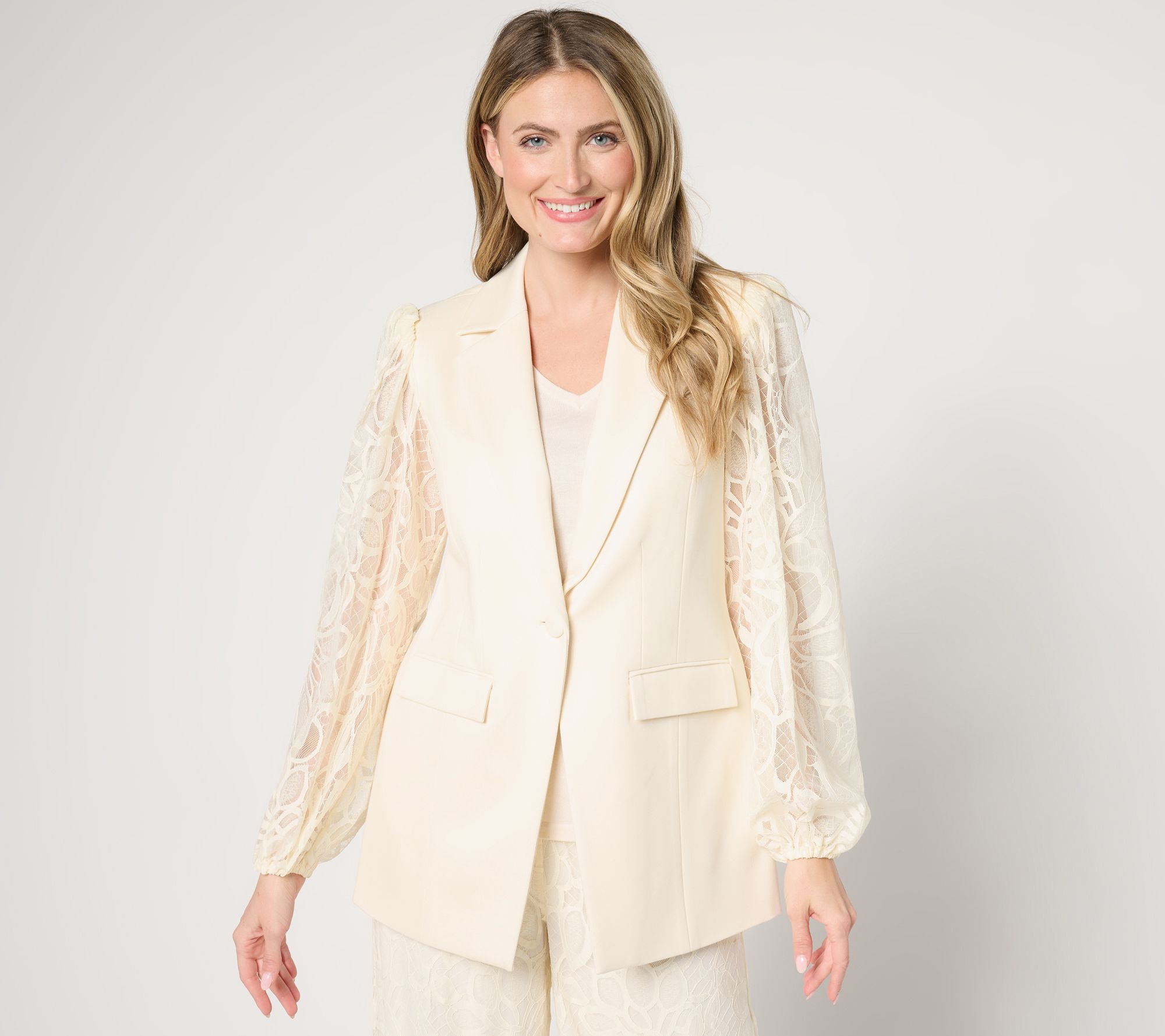 Dennis Basso Petite Ponte Knit Blazer with Lace Sleeves