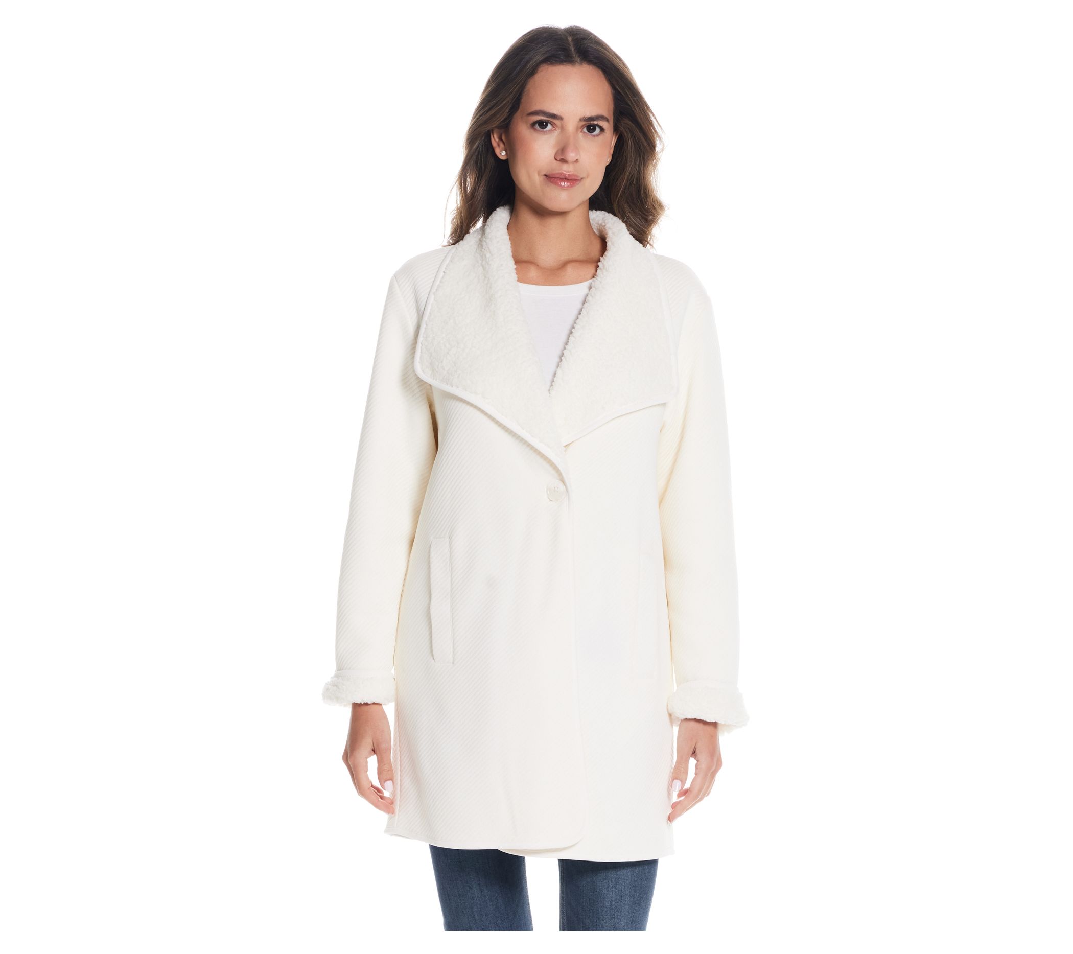 Weatherproof Reversible Knit-to-Sherpa Cozy Coatigan