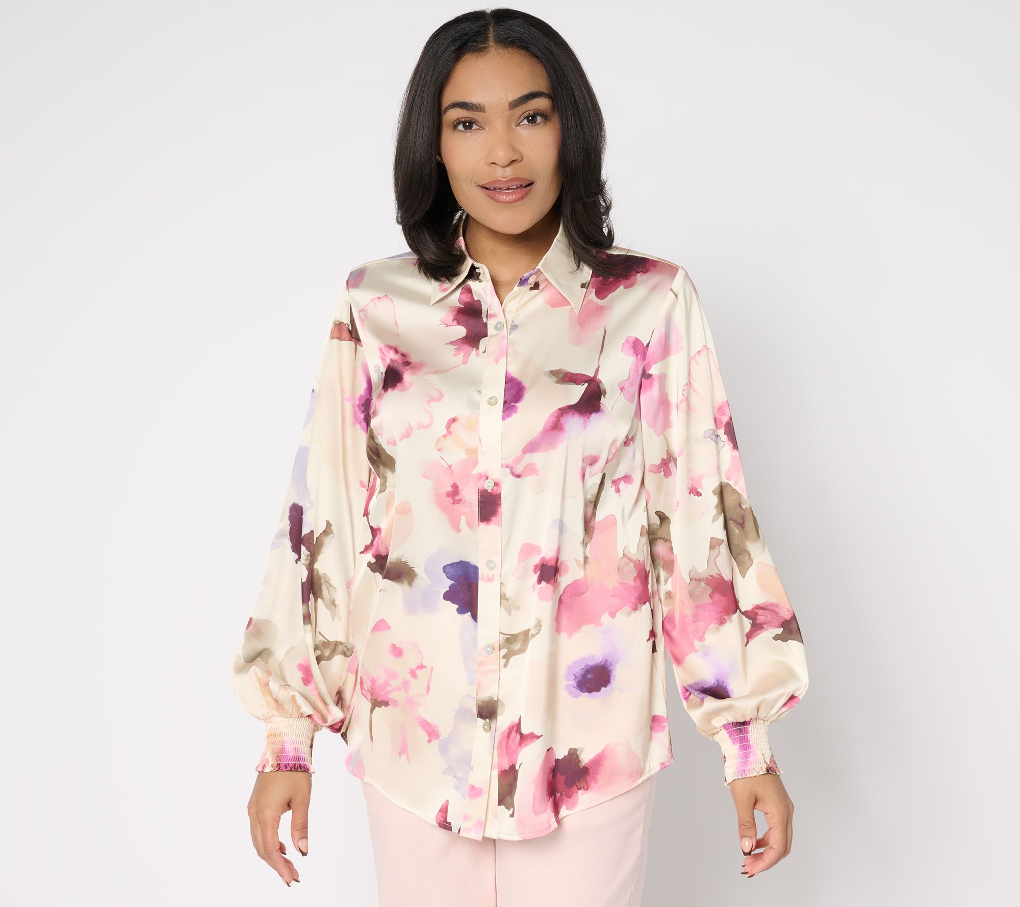 Dennis Basso Regular Printed Woven Top with Blouson Sleeves