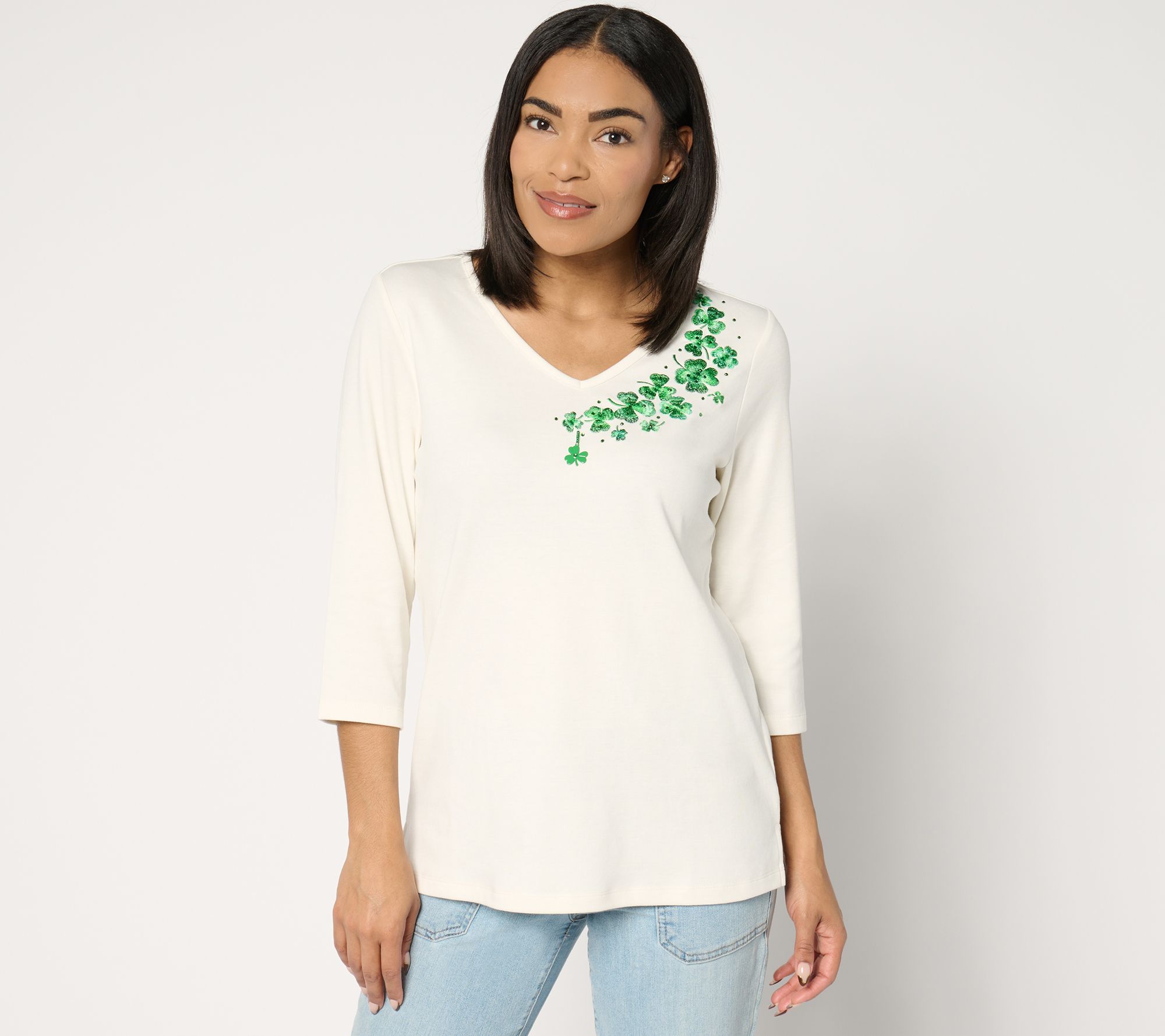 Quacker Factory Embroidered Prints Charming V-Neck Top