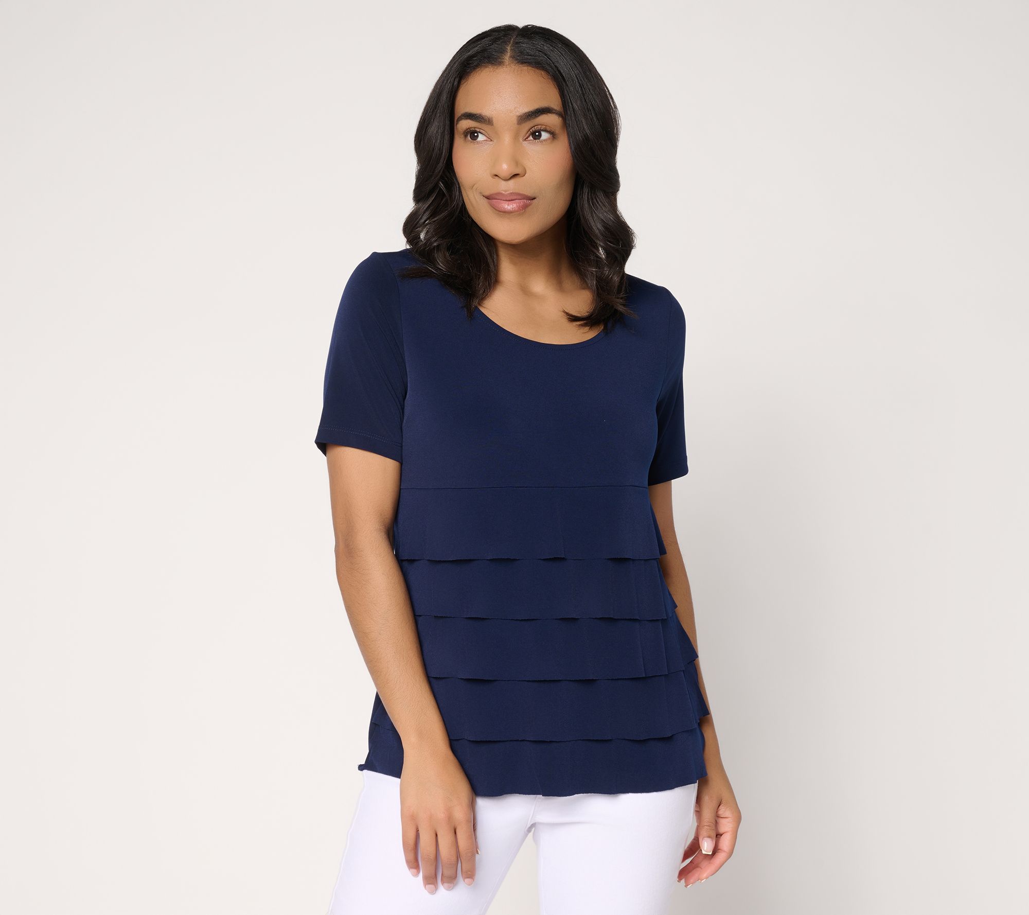 Susan Graver Liquid Knit Short Sleeve Scoop-Neck Tiered Top