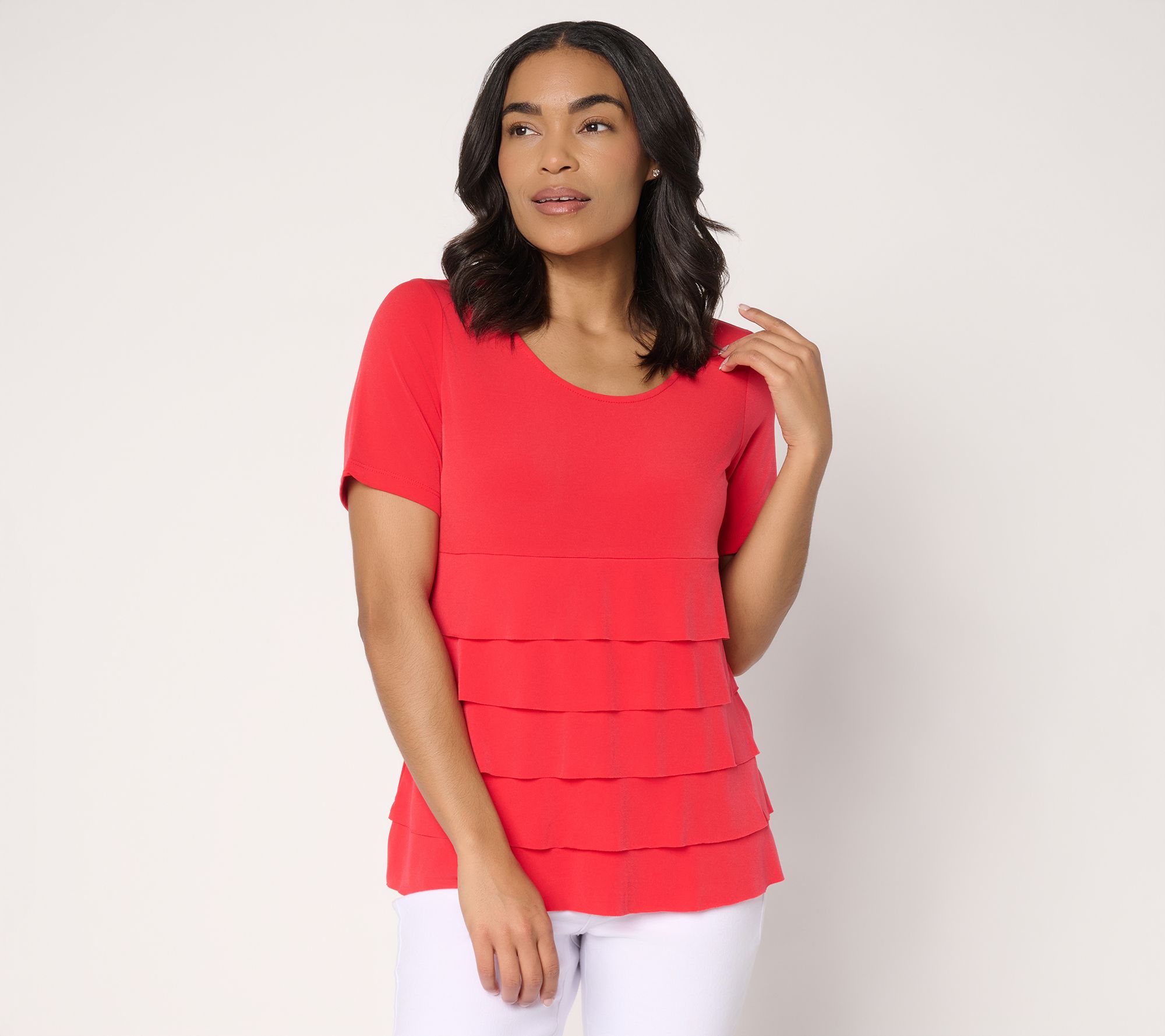 Susan Graver Liquid Knit Short Sleeve Scoop-Neck Tiered Top